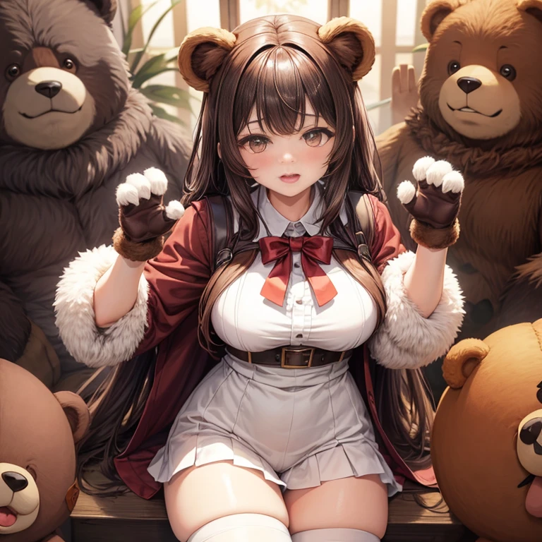 1 woman、Bear costume、Brown underwear、Bear ears、bear paw gloves、brown furny high socks、raise both hands、big breasts、blush