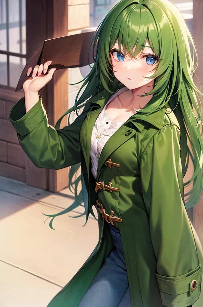 beautiful girl　Schoolgirl style　long-haired bright green color　beautiful blue eyes　wearing a brown trench coat
