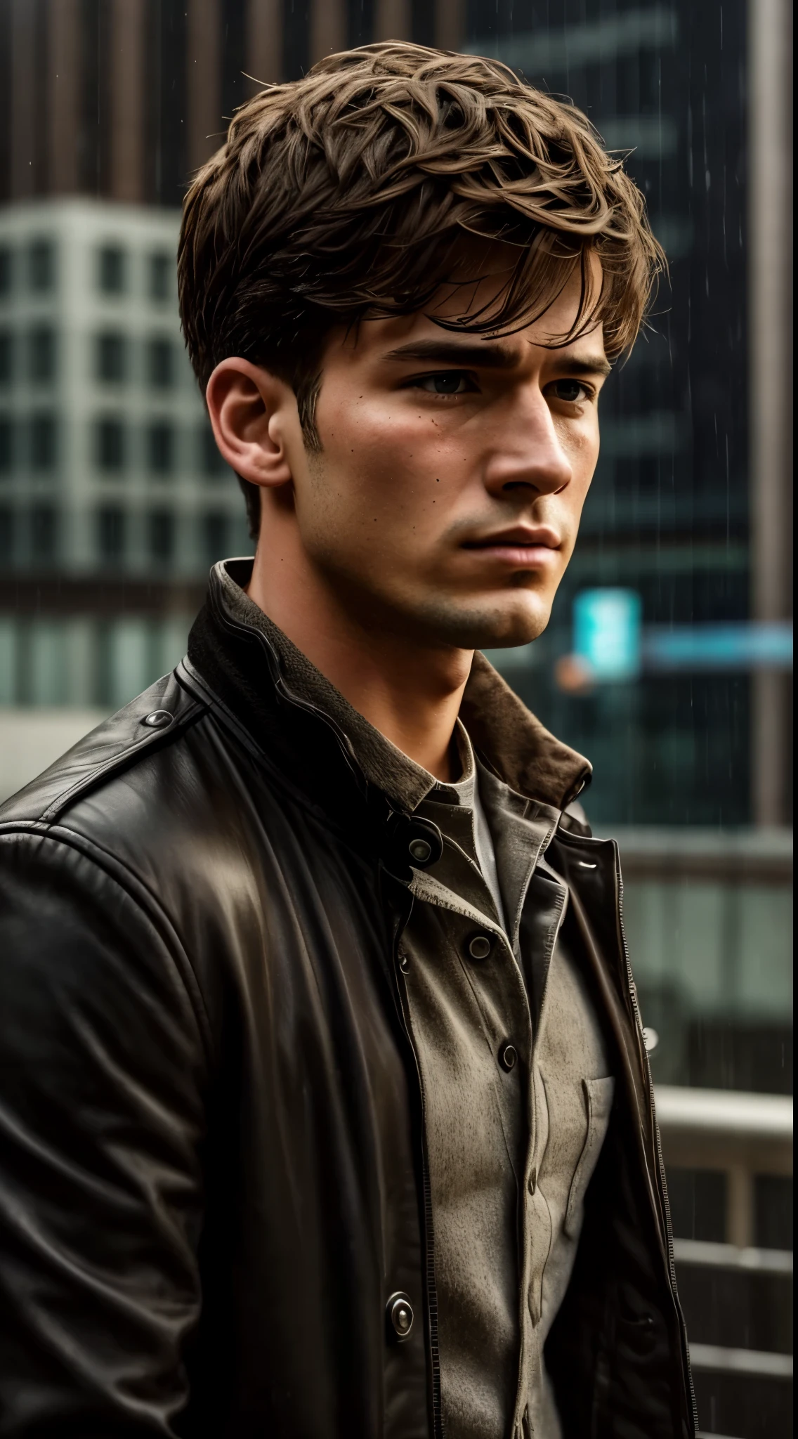 A young handsome man 25yo in very sad mode crying after backup, dramatic soft light, shadow, bokeh, background in top floor of the building top, background in city building, top of the building standing a sad man. Crying in havy raining, realistic photorealistic detailed protrait , (cow boy, tom boy fashion style), feeling sad, detailed sad look, shut from up away, 1-man, alone lonely boy,