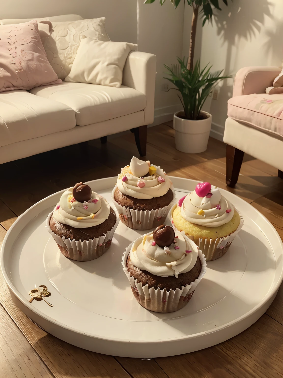Cutely decorated ultra realistic 4 cupcakes in a tray on the table, 4k, highly detailed, nicely and luxuriously decorated living room