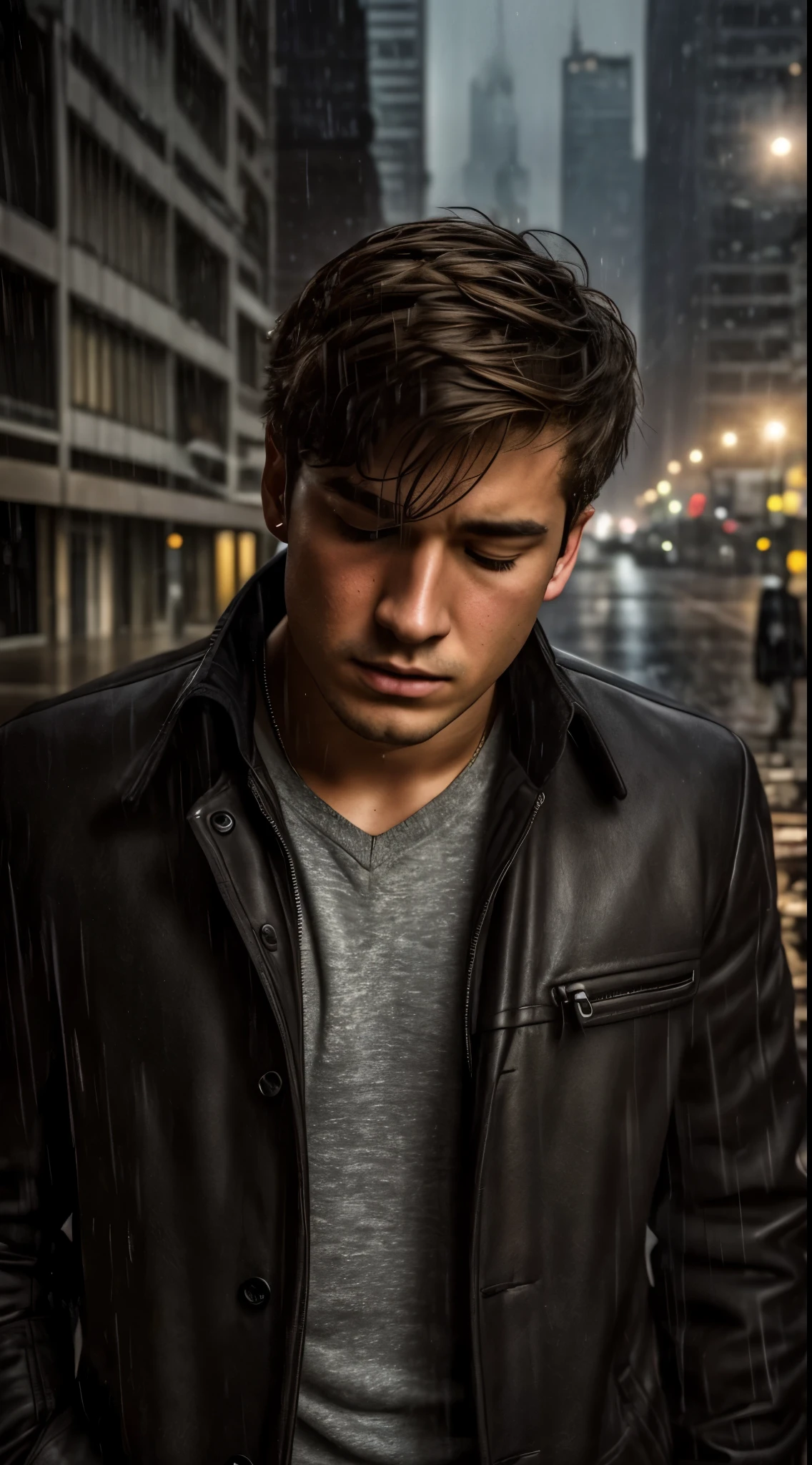 A young handsome man 25yo in very sad mode crying after backup, dramatic soft light, shadow, bokeh, background in top floor of the building top, background in city building, top of the building standing a sad man. Crying in havy raining, realistic photorealistic detailed protrait , (cow boy, tom boy fashion style), feeling sad, detailed sad look, shut from up away, 1-man, alone lonely boy,