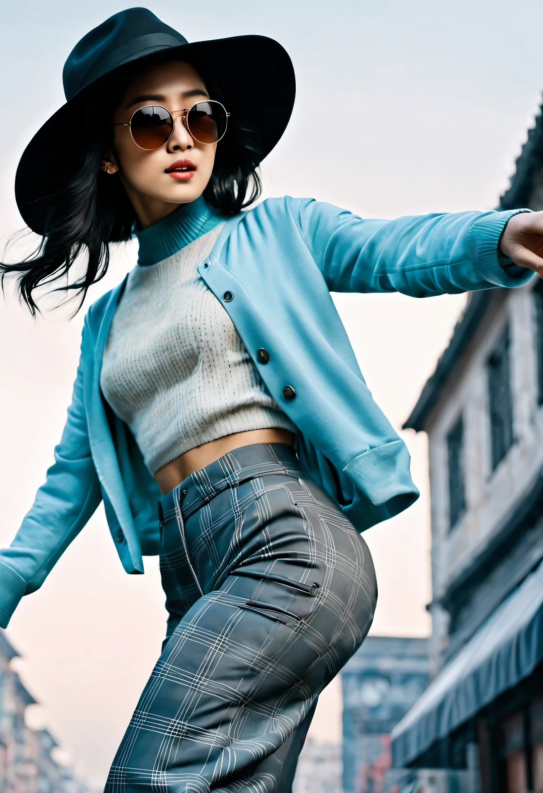 (Modern art dance simple poster design), (Half-length close-up), (Beautiful Chinese girl dancing in the air), (Wearing sunglasses and a hat: 1.2), Characterized by exquisite details and layering, The pastel tones of a light blue coat and off-white floral sweater blend together, And the sharp contrast of black and white plaid pants, Create an elegant and modern urban style. (Briefcase flight: 0.85), Wear modern and stylish winter fashion, slim waist, high nose bridge, Head up posture, sad yet beautiful, slender figure, Exquisite facial features, correct finger,
swirling fog illustration, ink painting, black hair, Princess curly long hair, Proud, Surrealism, contemporary art photography, action painting illustration, abstract expressionism, Pixar, depth of field, motion blur, backlight, Fall out, decline, Elevation viewing angle, Sony FE General Manager, ultra high definition, masterpiece, Accuracy, textured skin, Super details, high detail, high quality, Award-winning, best quality, Level, 16k, Shot from a bottom-up perspective,