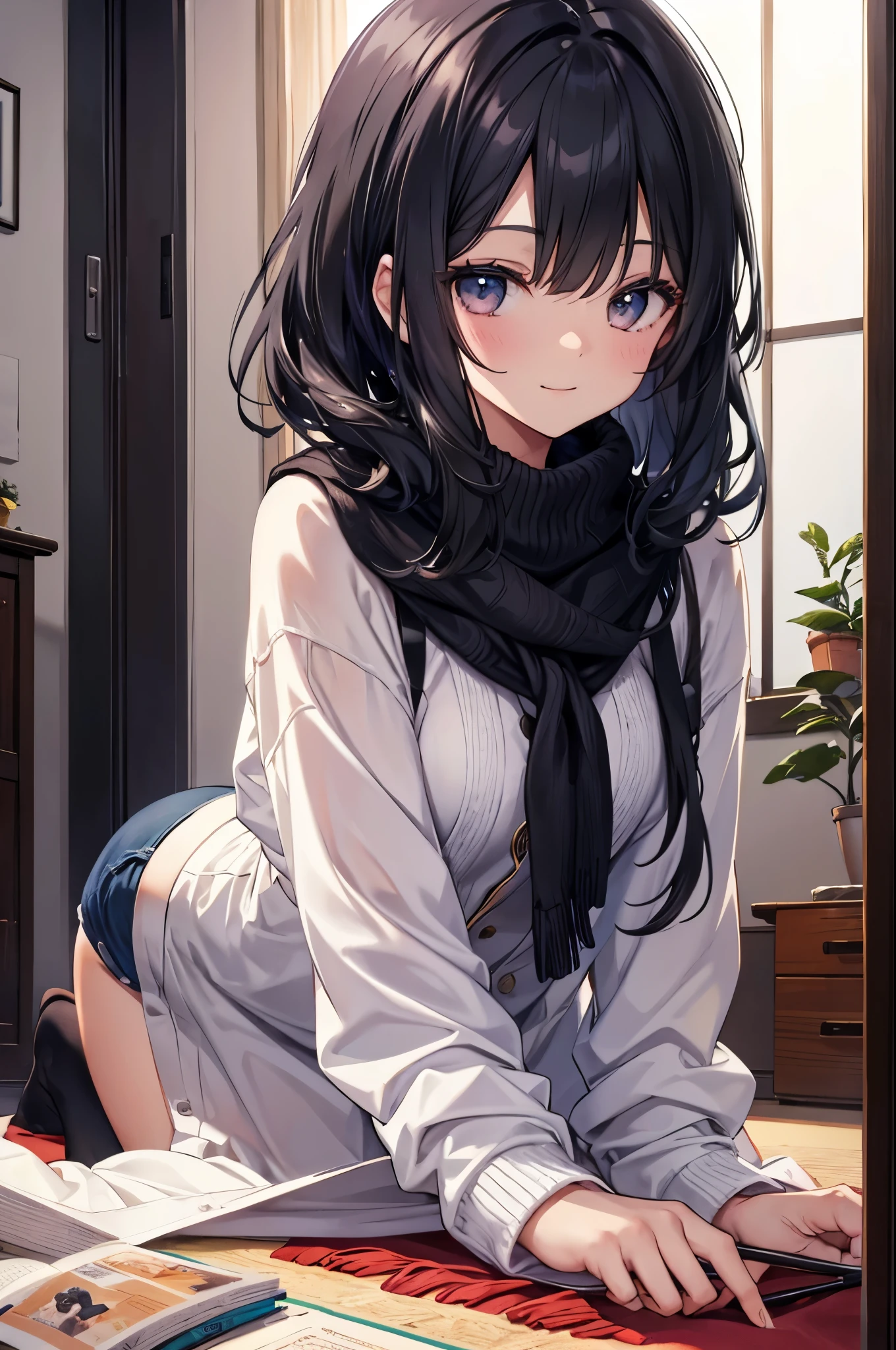 beautiful girl knitting night A black-haired one floor on all fours Undress Smile