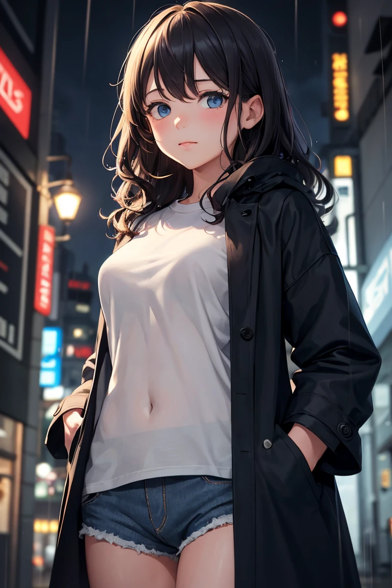 masterpiece, best quality,illustration,
1girl,teenage,night city,rain,coat,hands in pockets,t-shirt,botomless,
wavy hair,blue dashed eyes,looking down at viewer,
closed mouth,medium breasts,ite