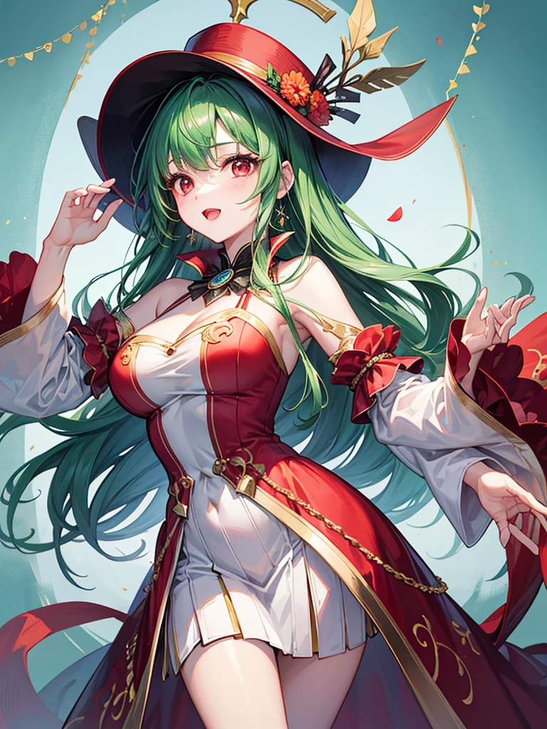 (((masterpiece、Highest image quality、highest quality、highly detailed unity 8kwallpaper)))、((Illustration of one girl))、(((beautiful girl)))、(Emerald green hair、sidelocks:1.2、red eyes)、(((silk hat、monocle)))