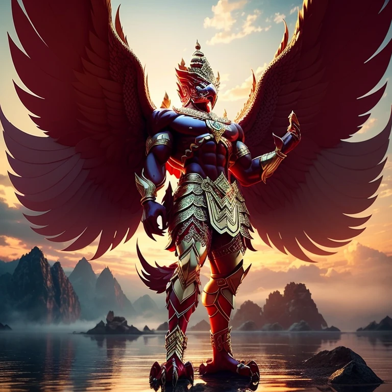 (Garuda 1) Red eyes, muscular body. Best anatomy: Red-skinned Garuda. Red-haired Garuda. Large, outstretched, red-winged Garuda. perfect wingspan Wear jewelry made from gold with Thai patterns. Gold jewelry decorated with diamonds on Garuda's head Wearing Thai cloth pants, Thai silk, red Thai pattern. Hands on hands and legs look like perfect birds. Hands, legs, feet are perfect. Stand on the ground, look straight, stand fully. The skin is the most detailed. The skin is red. The fur is the most detailed red. Red eyes, best detail The best anatomical details, details, cloth, accessories, Thai warrior armor. Best Metal Details Best Weapons Best Weapon Details (Special details Masterpiece quality Realistic Photos(Ultimate Realistic Photos 8k,16k,32k) Maximum realism and best lighting details. Best light quality, best shadows World class photography studio (Best close-up view)(The backdrop of the Thai temple castle is extinguished with gold, silver, emeralds, diamonds, perfect. The background is the sky, clouds, and fog. It feels natural and realistic.)