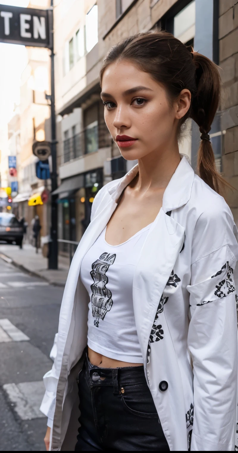 Beautiful skinny girl, elongated face and thin chin, freckles, brown ponytail hair, brown eyes, red lipstick, beautiful makeup, white skin, with patterned t-shirt , black pants, a black jean coat , sexy style