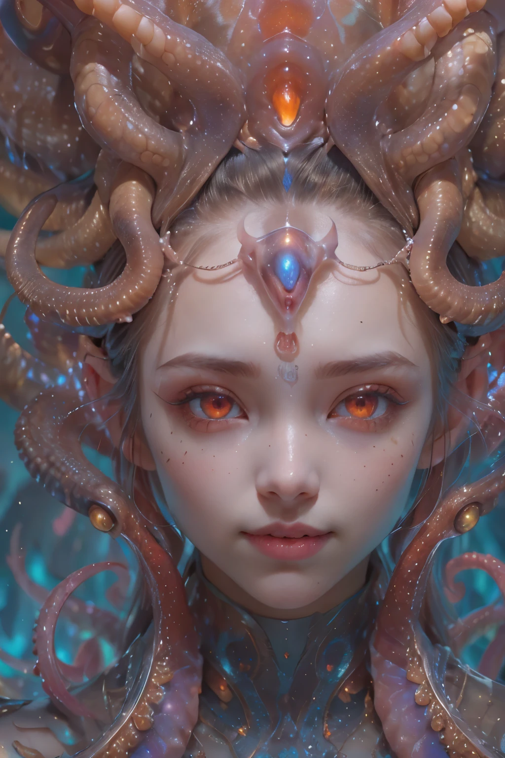 scary and sexy detailed art in color, Portrait, (beautiful and obscene female alien:1.4), (vulgarity1.5), (she has red eyes with no pupils:1.8), (Translucent skin:1.7),  (There is a female genital-like organ in the middle of the forehead:1.9), (The most beautiful face in the history of the universe:1.2),an evil gaze that seduces, (large mouth:1.1), (sharp teeth like a vampire:1.2), Full body portrait, (bio luminescent:1.5), (Smile wickedly:1.3),  (sexypose:1.5), alien, No humans, cells are fused, (Lots of translucent tentacles:1.3) extraterrestrial, cell, bio image, best quality, 8K,In 4K_quality, High freshness, Dramatic Lighting, masutepiece:1.5,cinematic quality, detail up, (exquisite details:1.2), high resolution, High freshness, drawing faithfully, (Thick eyebrows:1.2), Beautiful eyes with fine symmetry,(Highly detailed face and eyes:1.2), Intimate face, (Super detailed skin quality feeling:1.4), perfect anatomy,  (Beautiful toned body:1.5),  (Moist skin:1.2), not wearing makeup, (dark circles:1.1), long canines, cinematic drawing of characters, ultra high quality model, cinematic quality, detail up, (exquisite details:1.2), high resolution, High freshness, drawing faithfully, official art, Unity 8K Wall  , 8K Portrait, best quality, Very high resolution, ultra detailed artistic photography, midnight aura,  unreal engine 5, Ultra Sharp Focus, art by Amano Yoshitaka, ArtGerm, Roisch, intricate artwork, best quality, masterpiece, ultra high resolution, (photos realistic:1.4), ultra realistic realism, dream-like, nautilus, Creation of fantasy, Snail, Dream Snail, (biopunk nautilus:1.3),Thrilling color schemes, ultra realistic realism, seductively smiling, Blue tentacles,