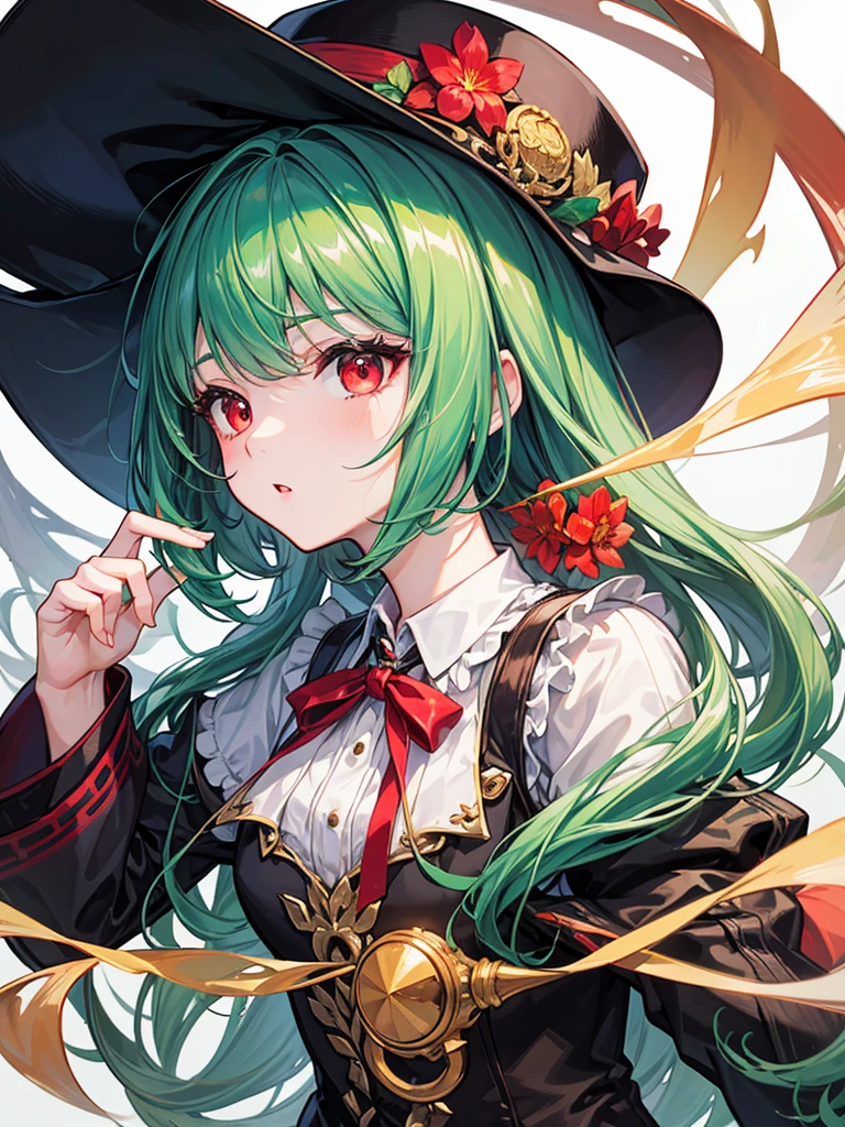 (((masterpiece、Highest image quality、highest quality、highly detailed unity 8kwallpaper)))、((Illustration of one girl))、(((beautiful girl)))、(Emerald green hair、sidelocks:1.2、red eyes)、(((silk hat、monocle)))