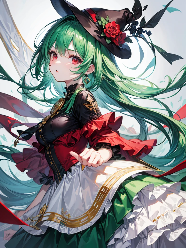 (((masterpiece、Highest image quality、highest quality、highly detailed unity 8kwallpaper)))、((Illustration of one girl))、(((beautiful girl)))、(Emerald green hair、sidelocks:1.2、red eyes)、(((silk hat、monocle)))