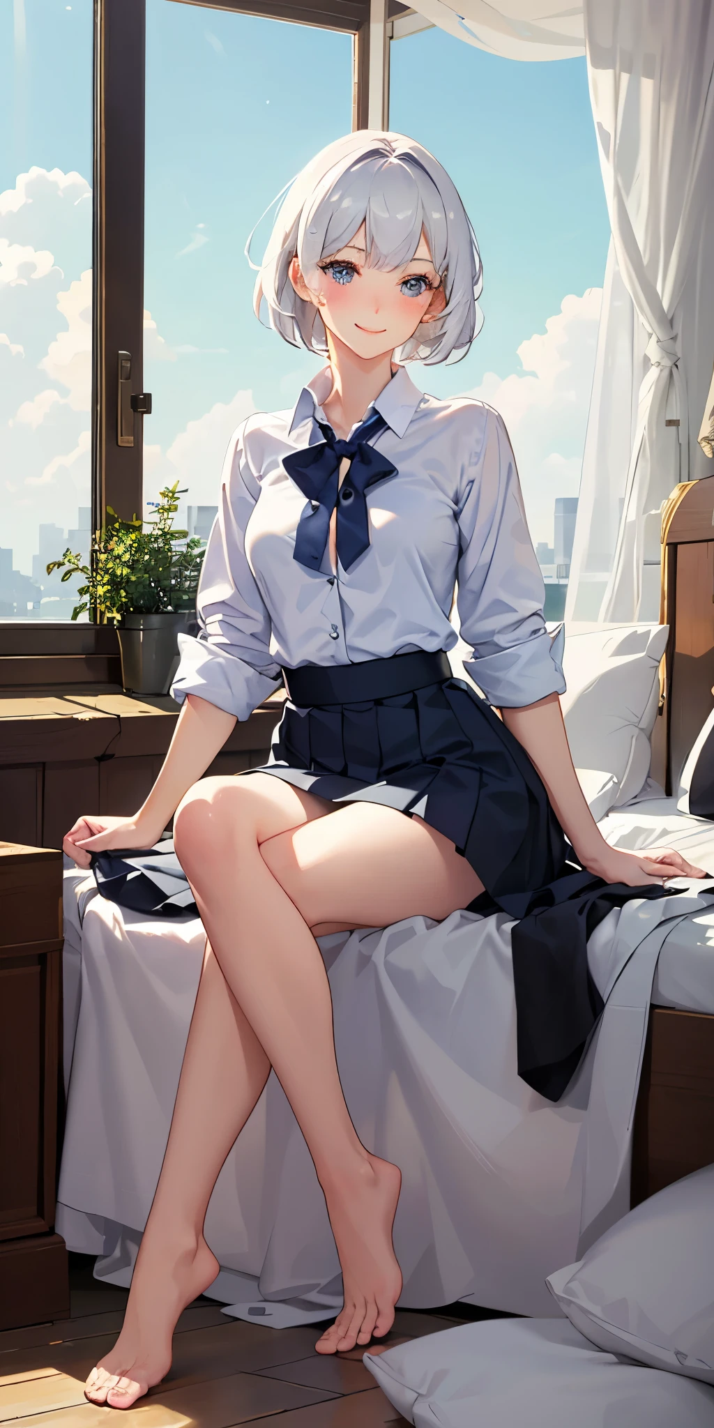 (masterpiece:1.4), (best quality:1.4), realistic, 1girl, artoria pendragon \(fate\), (((white shirt,denim’s very short tight skirt , embarrassed,upskirt,white lace panties,lift skirt,sitting chair, right hand pointing at camera,