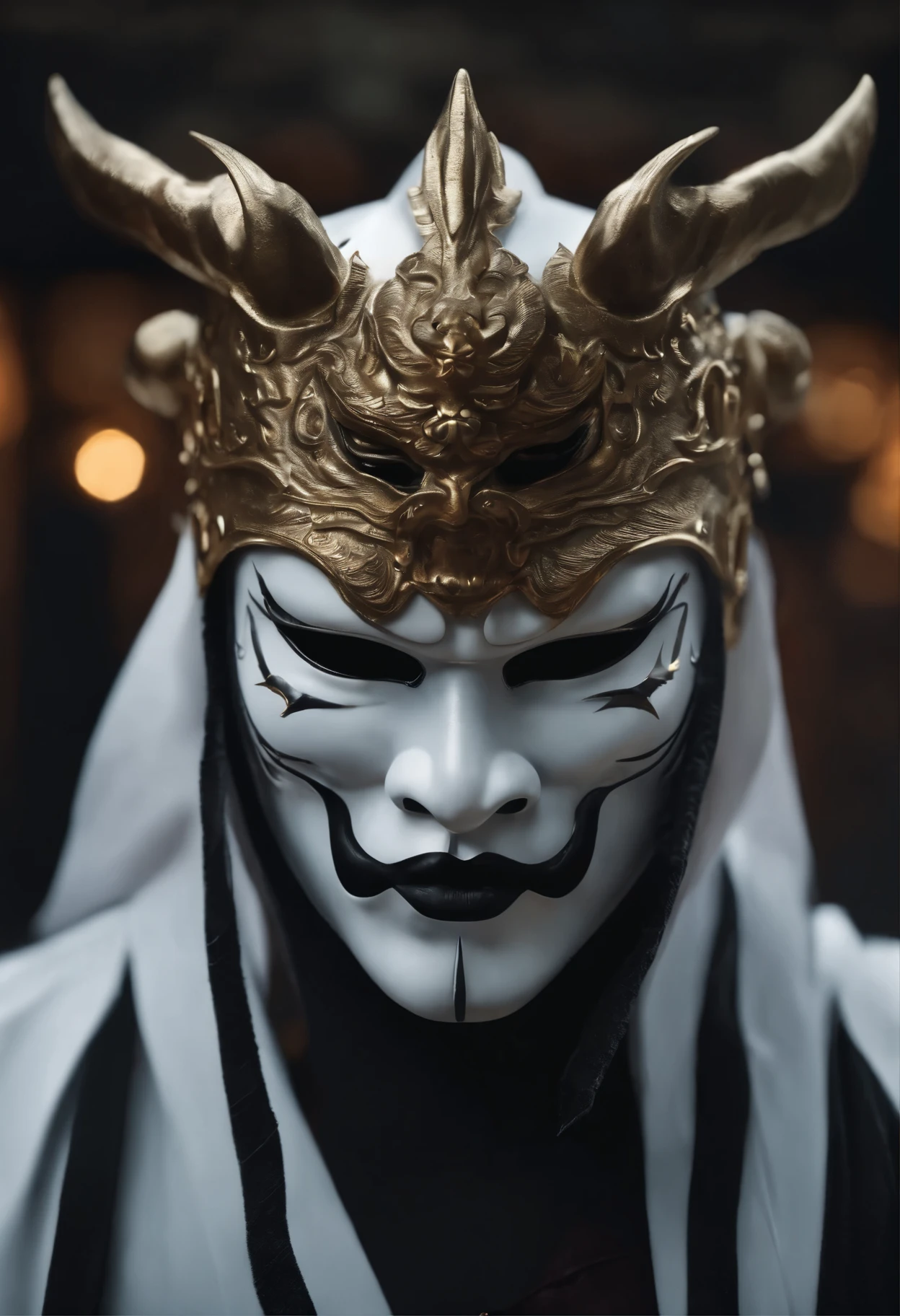 (best quality,4k,8k,highres,masterpiece:1.2),ultra-detailed,(realistic,photorealistic,photo-realistic:1.37),white ninja,Japanese oni mask,black outfit,menacingly,sharp focus,HDR,professional,vivid colors,ninja art style,dimly lit,subtle shadows,calm and intense atmosphere, smoke effect, studio photoshoot