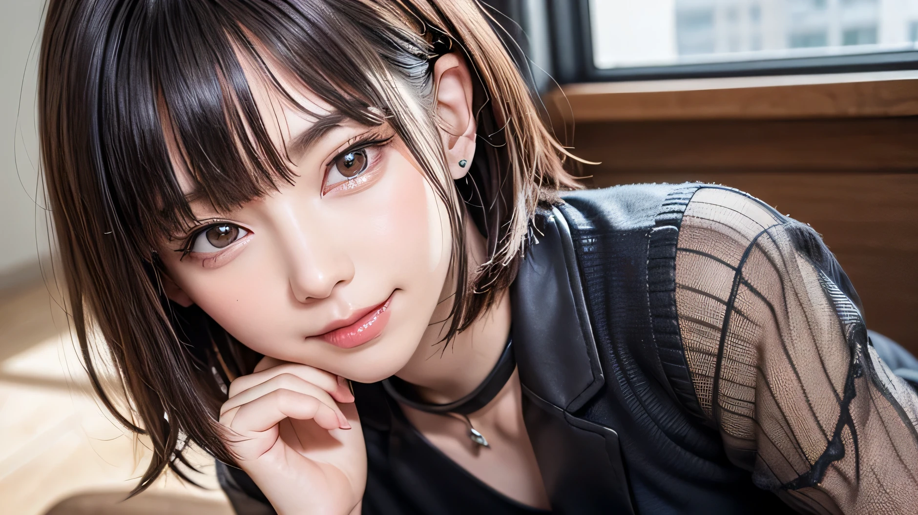 (close:1.4)、 (RAW photo:1.2)、(Photoreal:1.4)、(masterpiece:1.3)、(highest quality:1.4)、dream-like、(fine eyes)、(detailed facial features)、(Detailed features of the garment)、skin tightening、(shiny skin)、(slender girl)、(slim girl)、one girl、28 years old、secretary、career woman、(((short bob hair with bangs、black hair、black eye、Big eyes、There is a distance between the eyes、droopy eyes、big and full breasts、look at the audience、beautiful beauty、please show me your ears、long neck、big smile、open your mouth and smile)))、ideal body proportions、insincere smile、cute、smile、28 years oldの日本の女性、Sitting on a chair with legs crossed、Beautiful leg form、デスクのパソコンでkeyboardを入力している、look at the photographer next to you、
White tailored jacket、yellow tunic sweater、Beige A-line skirt、small necklace、Large office background、Features contemporary design furnishings, including armchairs upholstered in black and gray leather, tempered glass coffee tables with chrome bases, a solid wood meeting table with black leather chairs,It has large windows、You can see skyscrapers outside the window、daytime、Sunny、Charts and graphs,multiple computer screens,financial data,parse,data parse,keyboard,Multiple monitors,powerful,stylish,high end technology,Contemporary lighting,Uncluttered workspace、Computer on desk、transaction、document