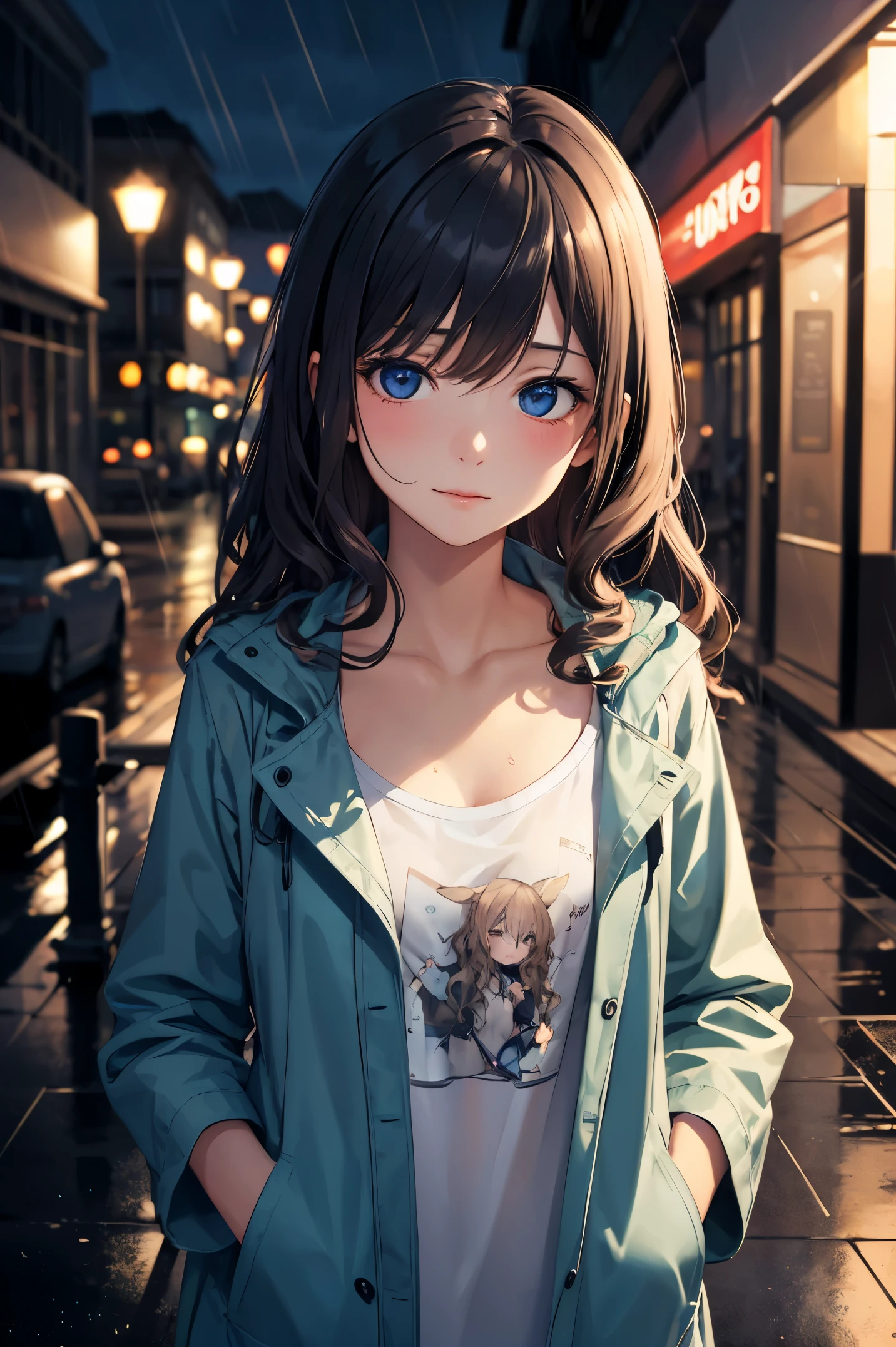 street, high resolution, highest quality, illustration, super detailed, (detailed face), (detailed eyes), soft lighting, best quality, hazy glow, fantastic atmosphere, super detailed, masterpiece, 1girl, solo, long brown hair, black eyes, beige dress black polka dots, black leather collar, glowing eyes, small breasts, (colorful),