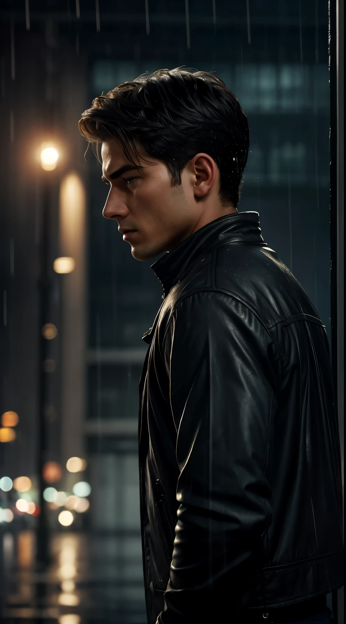 A young handsome man 25yo in very sad mode crying after backup, dramatic soft light, shadow, bokeh, background in top floor of the building top, background in city building, top of the building standing a sad man. Crying in havy raining, realistic photorealistic detailed protrait , (cow boy, tom boy fashion style), feeling sad, detailed sad look, shut from up away, 1-man, alone lonely boy, (back side view of boy), hidden face, (raining), night, soft light low contrast,