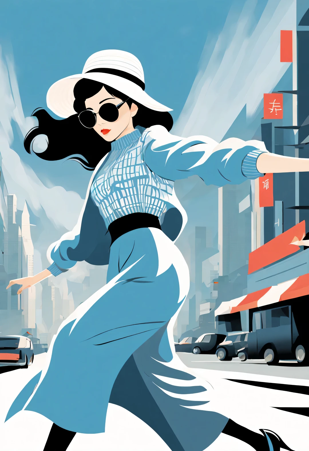 (Modern art dance simple poster design), (Half-length close-up), (Beautiful Chinese girl dancing in the air), (Wearing sunglasses and a hat: 1.2), Characterized by exquisite details and layering, The pastel tones of a light blue coat and off-white floral sweater blend together, And the sharp contrast of black and white plaid pants, Create an elegant and modern urban style. (Briefcase flight: 0.85), Wear modern and stylish winter fashion, slim waist, high nose bridge, Head up posture, sad yet beautiful, slender figure, Exquisite facial features, correct finger,
swirling fog illustration, ink painting, black hair, Princess curly long hair, Proud, Surrealism, contemporary art photography, action painting illustration, abstract expressionism, Pixar, depth of field, motion blur, backlight, Fall out, decline, Elevation viewing angle, Sony FE General Manager, ultra high definition, masterpiece, Accuracy, textured skin, Super details, high detail, high quality, Award-winning, best quality, Level, 16k, Shot from a bottom-up perspective,