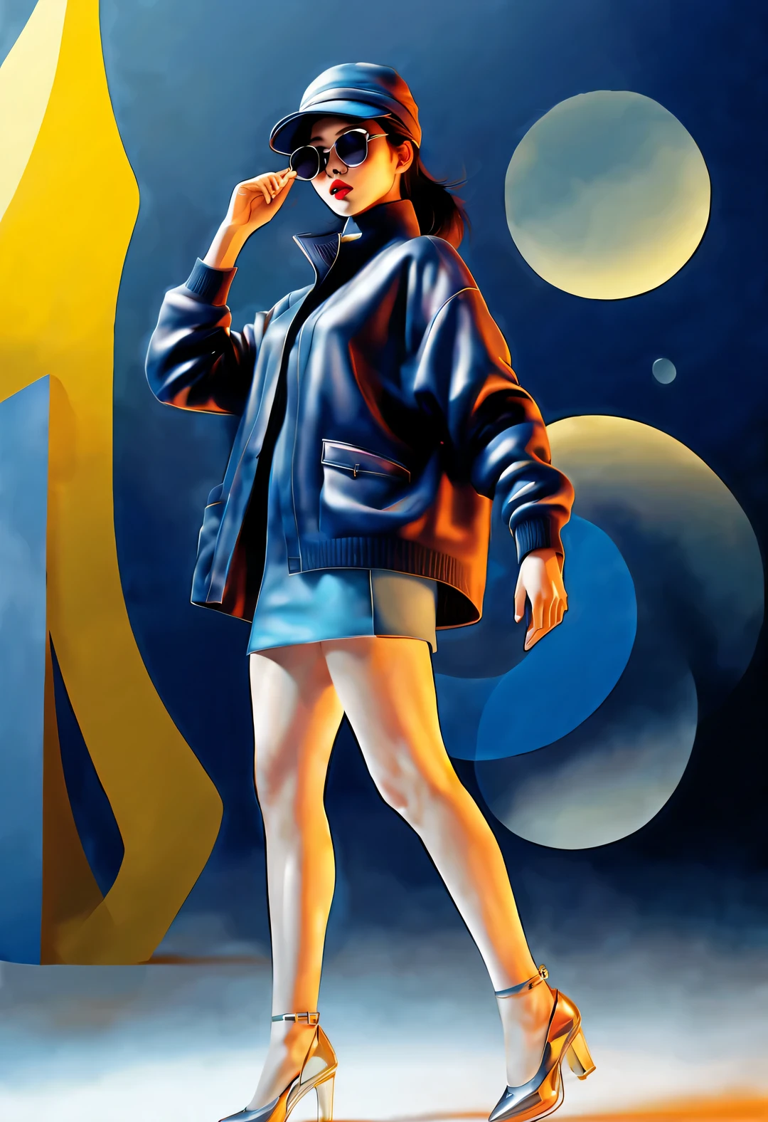 (Modern art dance simple poster design), (Half-length close-up), (Beautiful Chinese girl dancing in the air), (Wearing sunglasses and a hat: 1.2), Mainly cool colors present simple and modern beauty, (An elegant dark blue coat paired with a bright white turtleneck,Exudes a fresh and cold winter atmosphere.)
GUI, (briefcase dance: 0.85), Presenting a classic and fashionable style, Wear modern and stylish winter fashion, Girl fair and flawless smooth skin, high nose bridge, Head up posture, sad yet beautiful, slender figure, Exquisite facial features,
swirling fog illustration, ink painting, black hair, a ball head, Proud, Surrealism, contemporary art photography, action painting illustration, abstract expressionism, Pixar, depth of field, motion blur, backlight, Fall out, decline, Elevation viewing angle, Sony FE General Manager, ultra high definition, masterpiece, Accuracy, textured skin, Super details, high detail, high quality, Award-winning, best quality, Level, 16k, Shot from a bottom-up perspective,