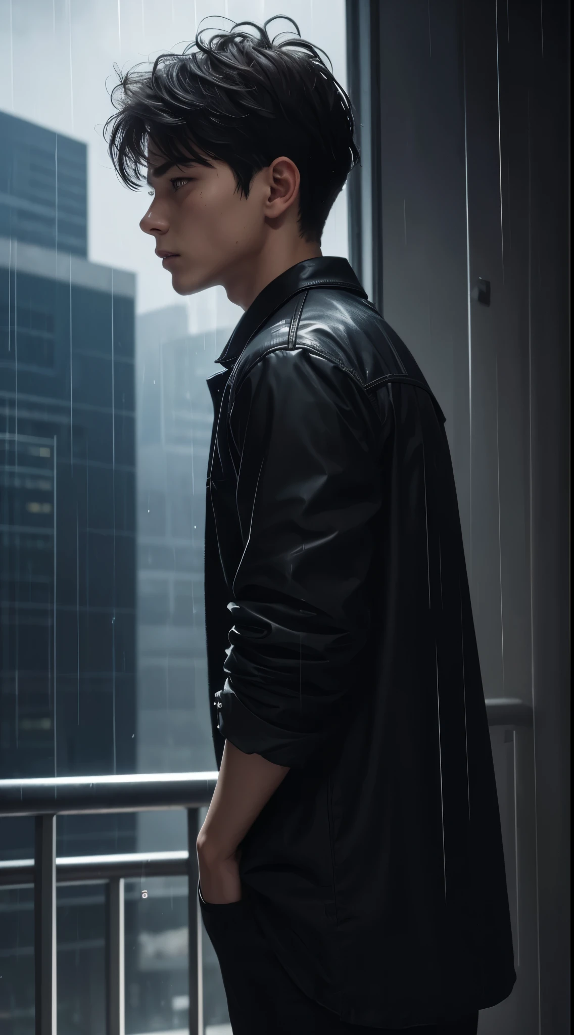 A young handsome man 25yo in very sad mode crying after backup, dramatic soft light, shadow, bokeh, background in top floor of the building top, background in city building, top of the building standing a sad man. Crying in havy raining, realistic photorealistic detailed protrait , (cow boy, tom boy fashion style), feeling sad, detailed sad look, shut from up away, 1-man, alone lonely boy, (back side view of boy), hidden face, (raining), night, soft light low contrast,
