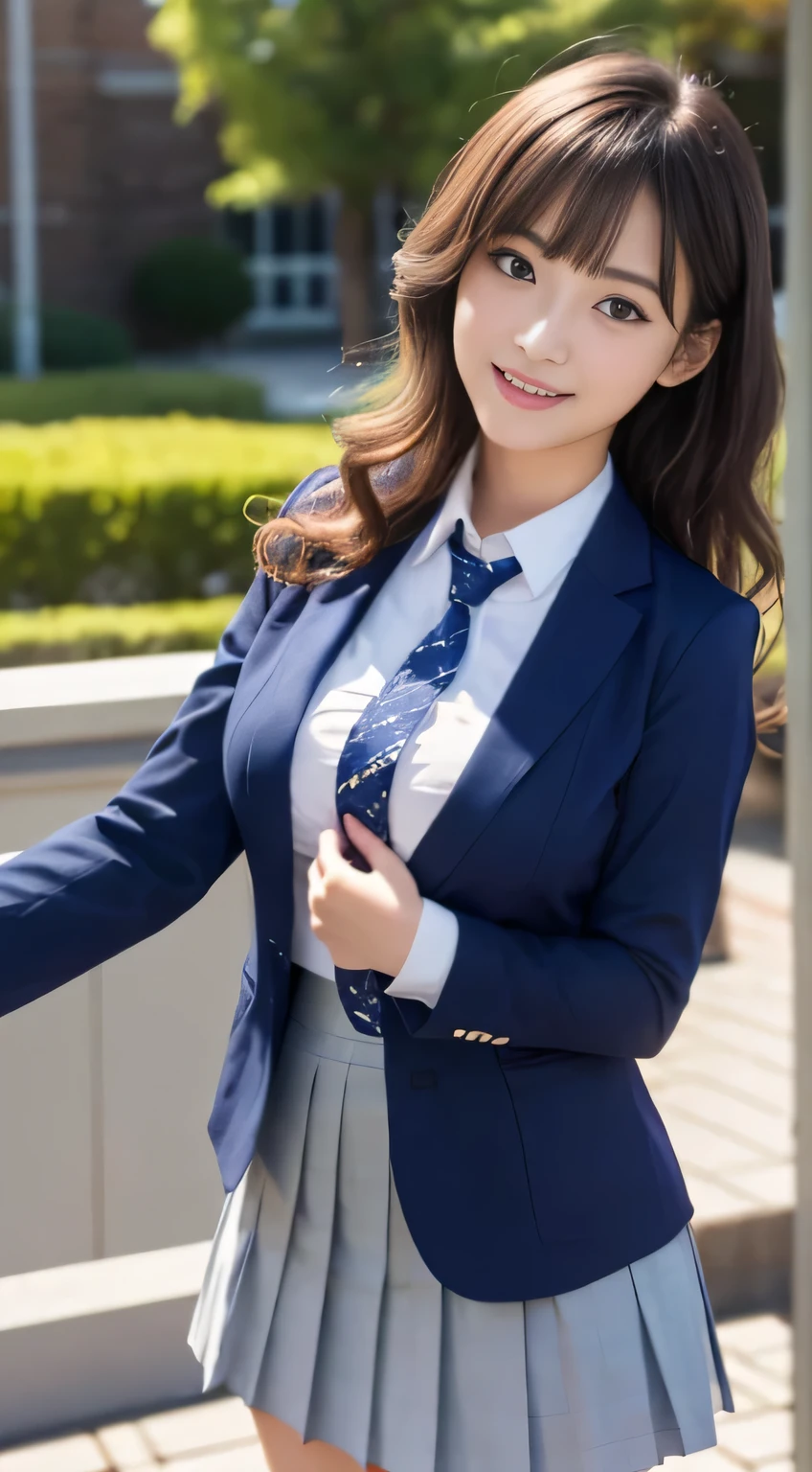 8K, highest quality, real image, intricate details, Super detailed, ultra high resolution, depth field,(realistic,realistic:1.2),table top , frontal shot , From the middle , 1 girl, eye_Chan, very beautiful 17 year old girl, innocent big eyes,、beautiful breasts:1.5、非常に詳細なeye:1.2)、(beautiful breasts:1.1)、wavy hair、curly hair、bangs、, perfect skin, Fair skin, huge breasts, put your hand on your chest、tight waist, light blush, alone, looking at the viewer, light smile, ((School_uniform),(dark blue blazer), (white shirt、Wearing a tie), (gray pleated skirt), (sculpture installation :1.1)