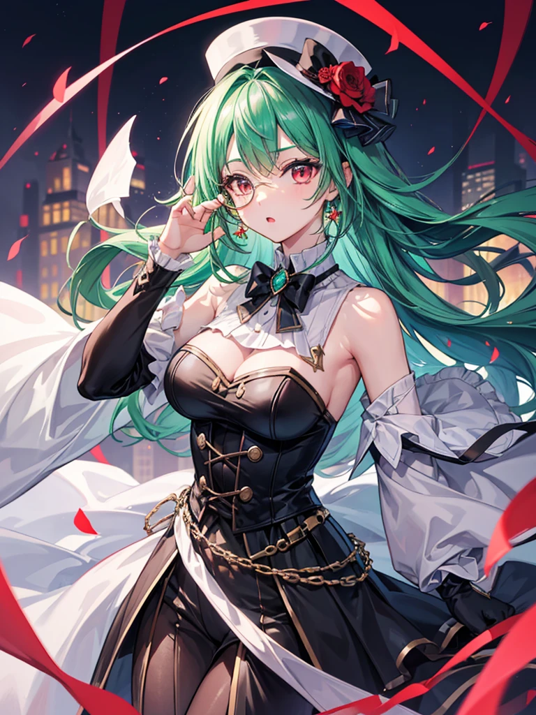 1 girl, anime, high quality, intricate details, black hair, fluffy hair, short hair, elegant, futuristic setting, maid dress, stockings, green streaks in hair, steampunk accessories, stoic expression, lacy umbrella, curvy build, lacy gloves, confident pose, corset