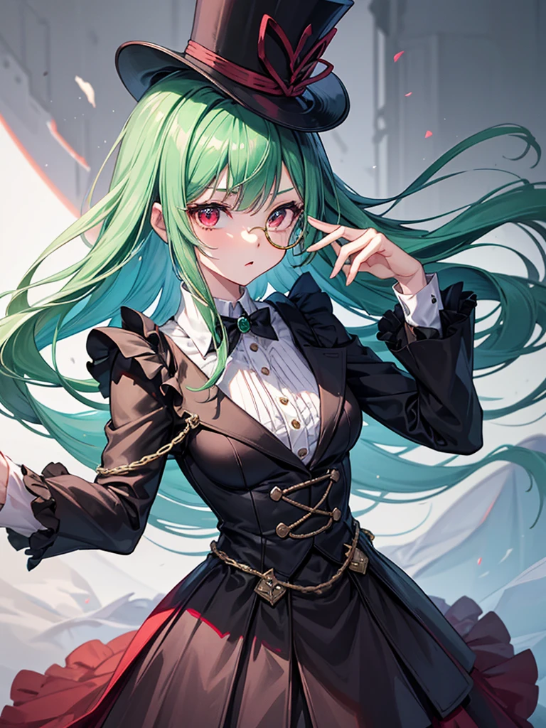 （（（masterpiece、Highest image quality、highest quality、highly detailed unity 8ｋwallpaper）））、（（Illustration of one girl））、（（（beautiful girl）））、（Emerald green hair、sidelocks：1.2、red eyes）、（（（Black top hat、tuxedo）））、monocle