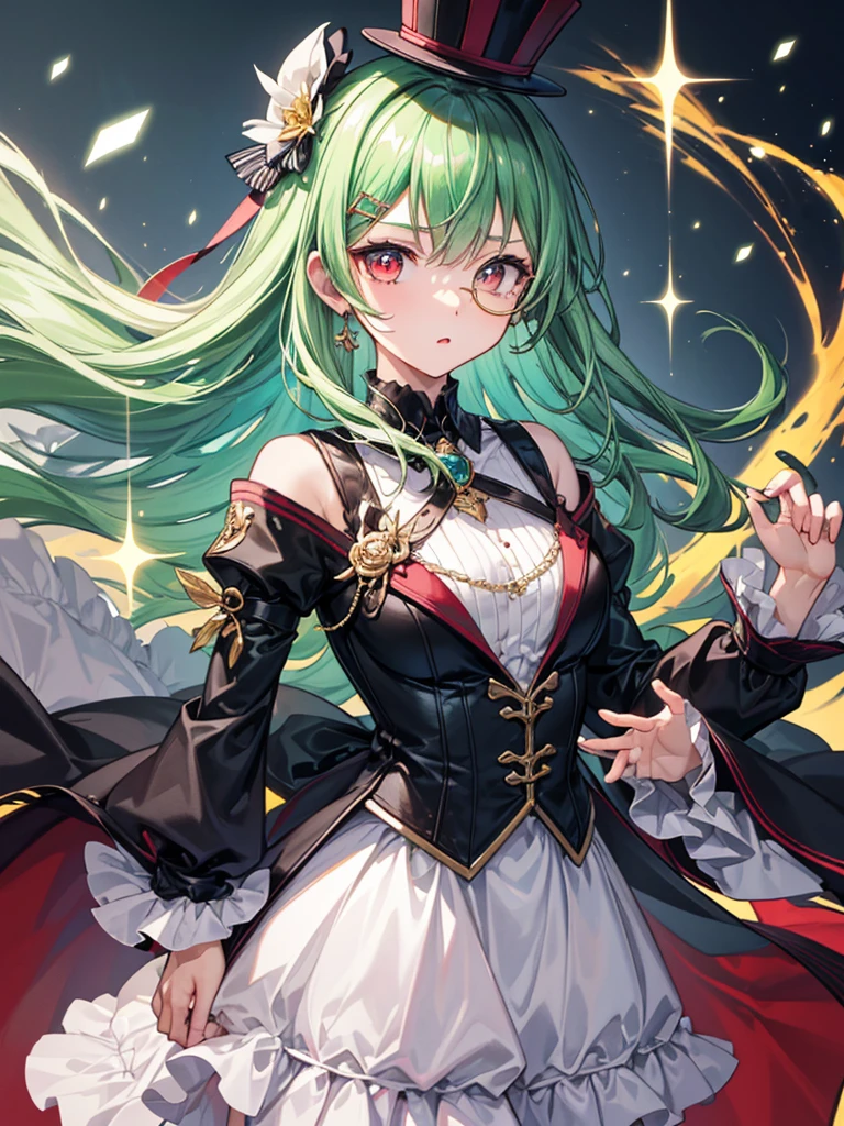 (((masterpiece、Highest image quality、highest quality、highly detailed unity 8kwallpaper)))、((Illustration of one girl))、(((beautiful girl)))、(Emerald green hair、sidelocks:1.2、red eyes)、(((Black top hat、tuxedo)))、monocle