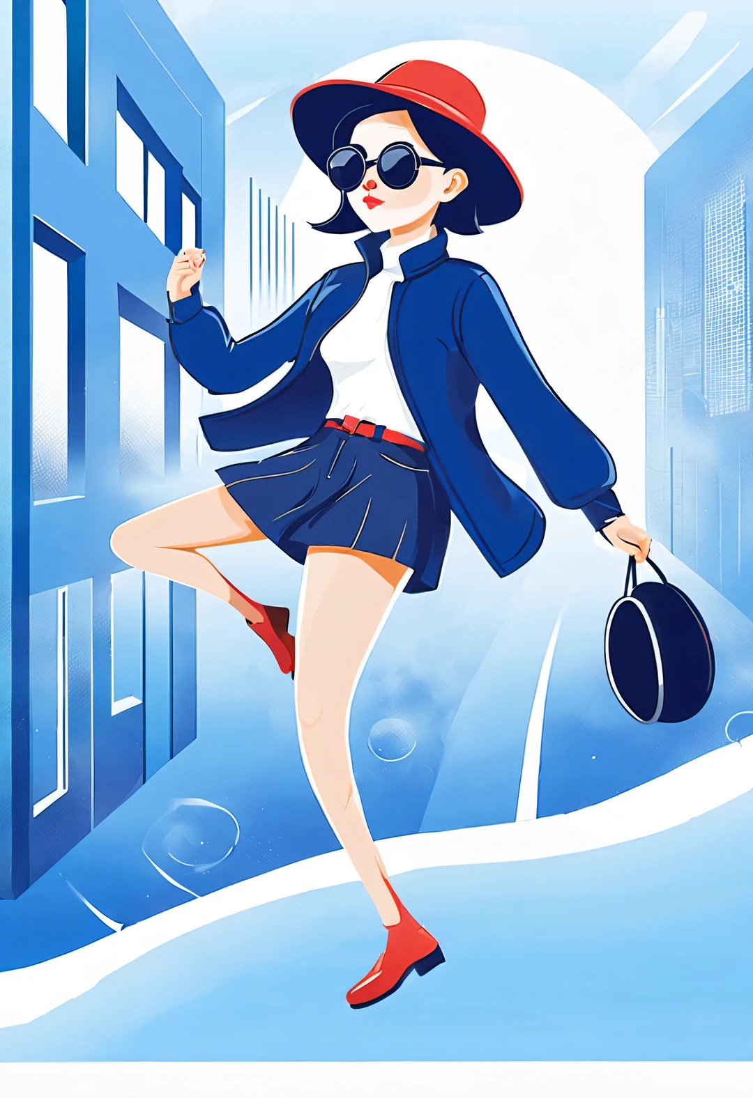 (Modern art dance simple poster design), (Half-length close-up), (Beautiful Chinese girl dancing in the air), (Wearing sunglasses and a hat: 1.2), Mainly cool colors present simple and modern beauty, (An elegant dark blue coat paired with a bright white turtleneck,Exudes a fresh and cold winter atmosphere.)
GUI, (briefcase dance: 0.85), Presenting a classic and fashionable style, Wear modern and stylish winter fashion, Girl fair and flawless smooth skin, high nose bridge, Head up posture, sad yet beautiful, slender figure, Exquisite facial features,
swirling fog illustration, ink painting, black hair, a ball head, Proud, Surrealism, contemporary art photography, action painting illustration, abstract expressionism, Pixar, depth of field, motion blur, backlight, Fall out, decline, Elevation viewing angle, Sony FE General Manager, ultra high definition, masterpiece, Accuracy, textured skin, Super details, high detail, high quality, Award-winning, best quality, Level, 16k, Shot from a bottom-up perspective,