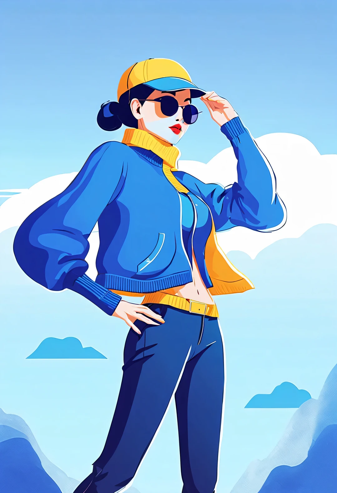 (Modern art dance simple poster design), (Half-length close-up), (Beautiful Chinese girl dancing in the air), (Wearing sunglasses and a hat: 1.2), Mainly cool colors present simple and modern beauty, (An elegant dark blue coat paired with a bright white turtleneck,Exudes a fresh and cold winter atmosphere.)
GUI, (briefcase dance: 0.85), Presenting a classic and fashionable style, Wear modern and stylish winter fashion, Girl fair and flawless smooth skin, high nose bridge, Head up posture, sad yet beautiful, slender figure, Exquisite facial features,
swirling fog illustration, ink painting, black hair, a ball head, Proud, Surrealism, contemporary art photography, action painting illustration, abstract expressionism, Pixar, depth of field, motion blur, backlight, Fall out, decline, Elevation viewing angle, Sony FE General Manager, ultra high definition, masterpiece, Accuracy, textured skin, Super details, high detail, high quality, Award-winning, best quality, Level, 16k, Shot from a bottom-up perspective,