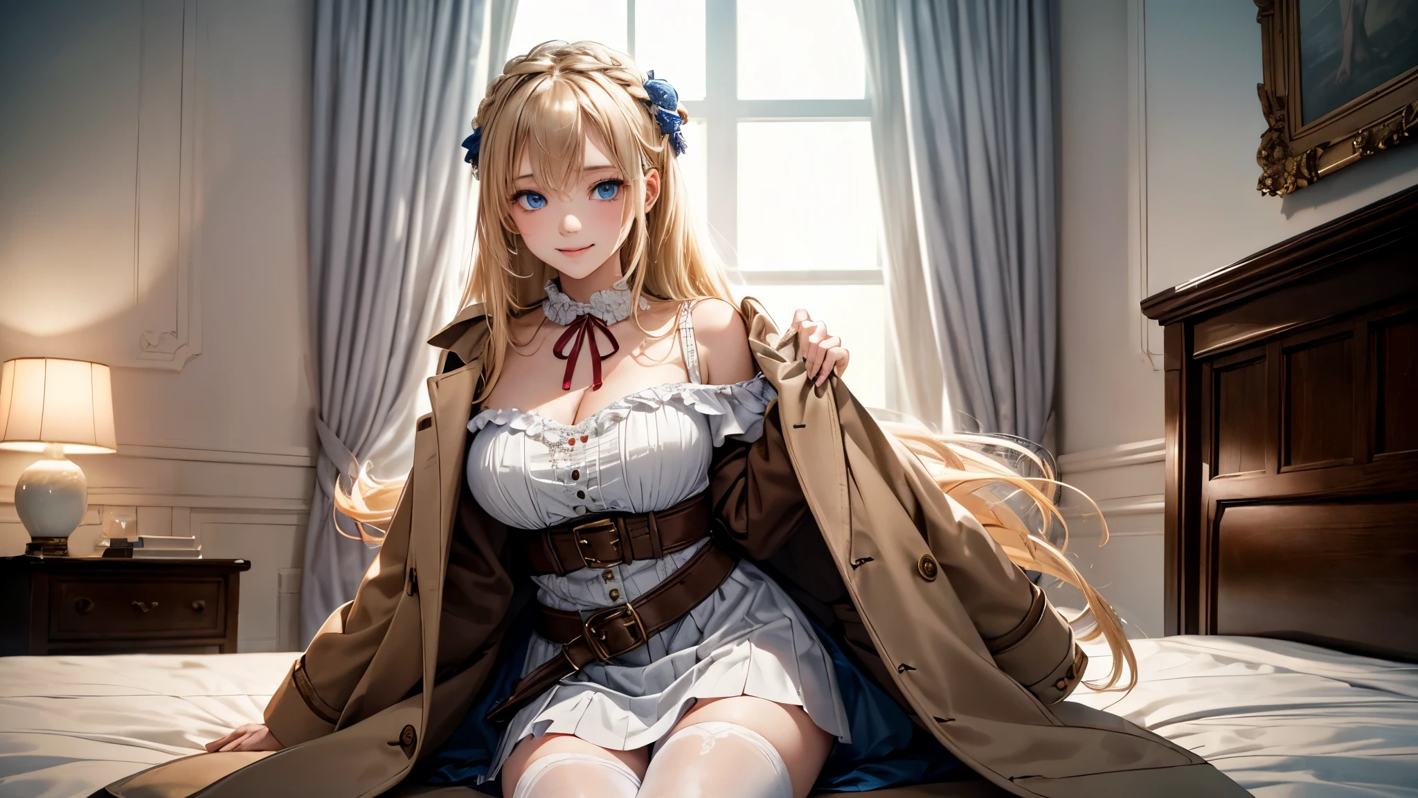 (masterpiece),(top-quality:1.2),1girl in, (photo of a girl in full length), short skirt, white stockings, white stockings with garterbelt, slight teasing smile, (masuter piece:1.3),exquisitedetails, Highest quality 8K resolution, Ultra-detailed, Realistic, Vibrant colors, Soft tones, With warm and gentle lighting, (Preet Pink Ruffled Ribbon Dress,) (Brown long coat:1.2) early evening,Big sunset,(Smooth straight blonde hair:1.2),(Hair parted in the middle:1.3),(Glowing hair),(Dark deep blue eyes:1.3),White skin, hair clips,Overflowing soft and gentle feelings, Warm golden glow,The atmosphere is full of happiness, Sticking to ultra-detailed depictions and vivid colors, In a style that blends romanticism and realism、You can feel the depth of love,color palettes,Create an ethereal atmosphere like a dream, and the lighting is soft and diffused, The artwork is a masterpiece,