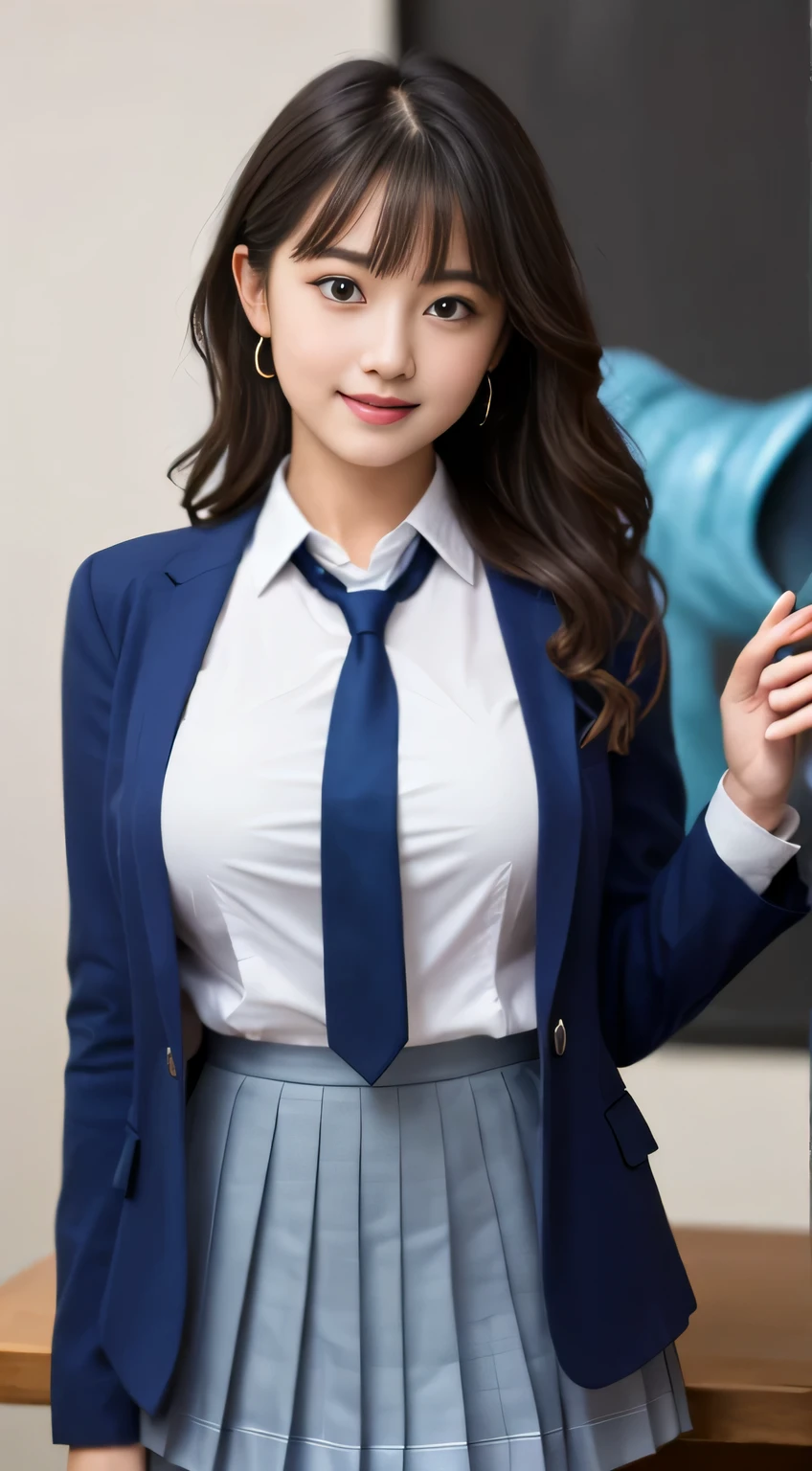 8K, highest quality, real image, intricate details, Super detailed, ultra high resolution, depth field,(realistic,realistic:1.2),table top , frontal shot , From the middle , 1 girl, eye_Chan, very beautiful 17 year old girl, innocent big eyes,、beautiful breasts:1.5、非常に詳細なeye:1.2)、(beautiful breasts:1.1)、wavy hair、curly hair、bangs、, perfect skin, Fair skin, huge breasts, put your hand on your chest、tight waist, light blush, alone, looking at the viewer, light smile, ((School_uniform),(dark blue blazer), (white shirt、Wearing a tie), (gray pleated skirt), (sculpture installation :1.1)