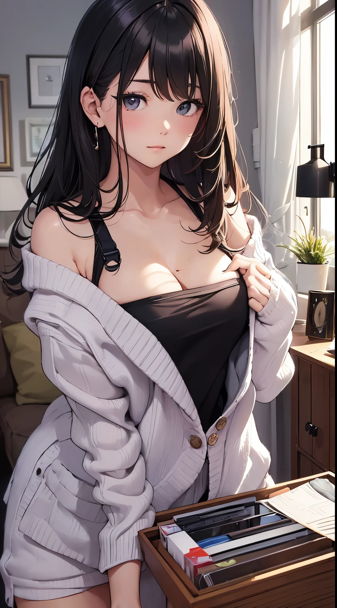top quality、Top image quality、Masterpiece、age girl((black pajamas、18 years old、 Ajer、best bust、big bast,black eyes, black hair、A slender one,Great Valley、Neat and tidy、床beddingの上)),high quality、beautiful art、background with((The room is nice and clean.、bedding、cute chest of drawers、animal stuffed toys、Pink walls、DVR、Aroma diffuser))Masterpiece、depth of field,style