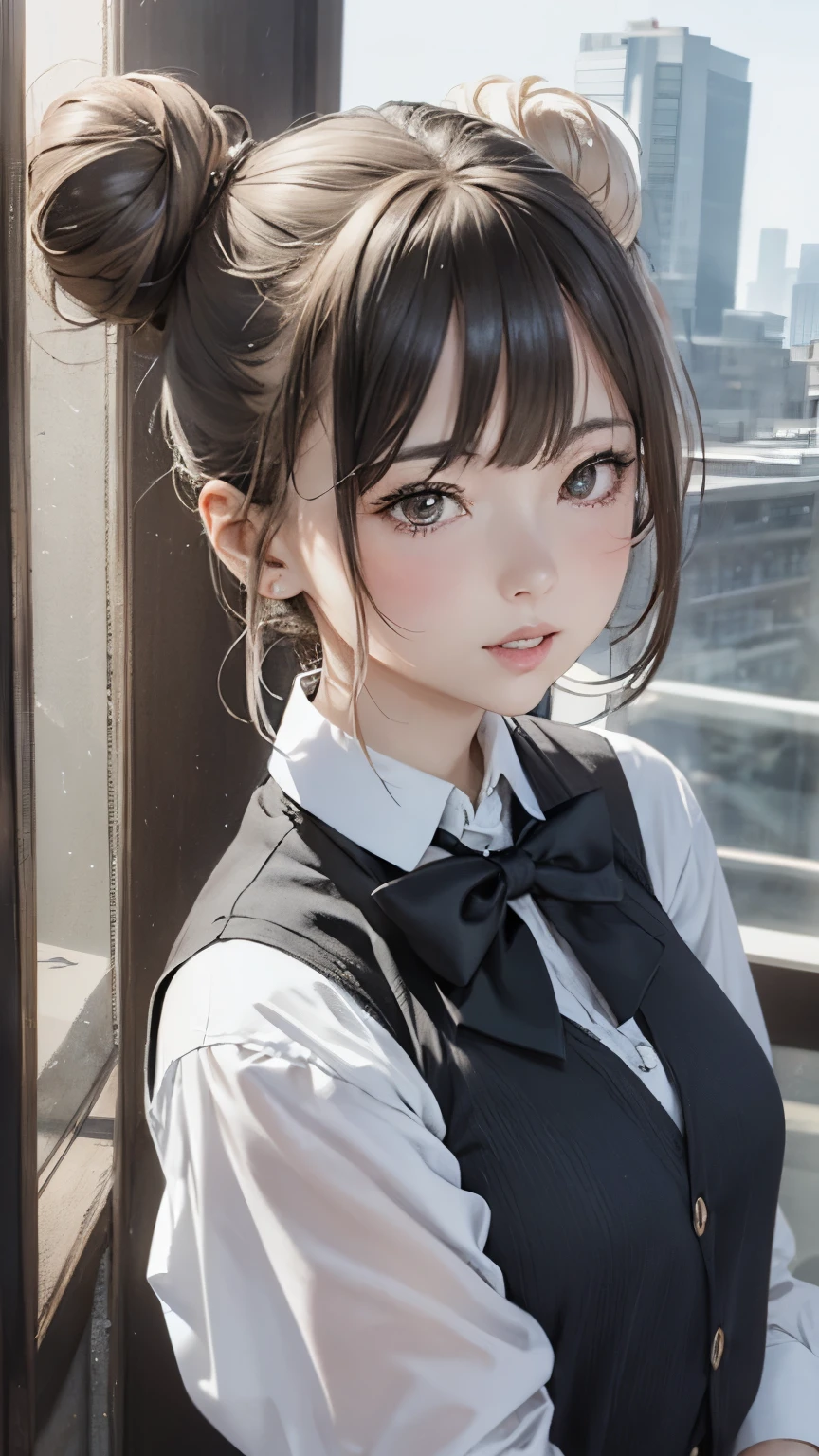 1 girl, mature woman, vest, bow, photograph, realistic, highest quality, hire, detailed face, office, building from the window, detailed background, diffused sunlight, Depth of bounds written, Bokeh,(bun hair,dull bangs:1.3), black hair