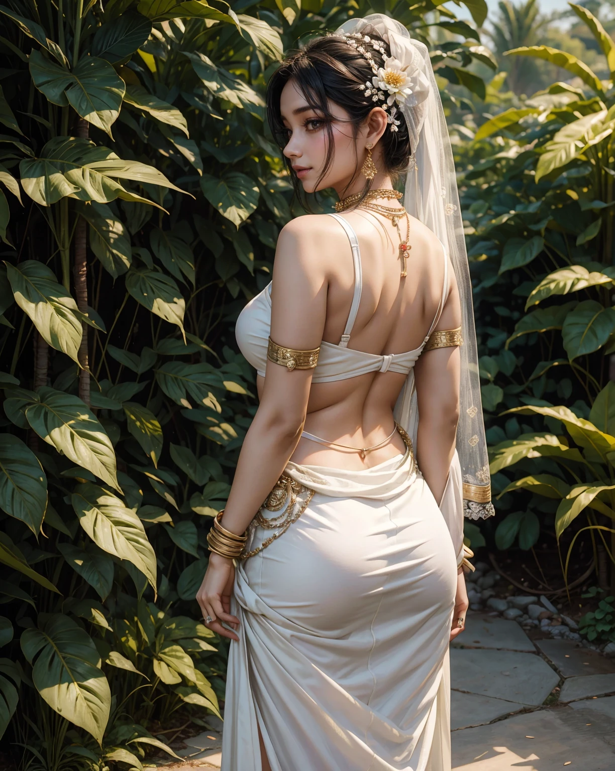 a woman with a flower in her hair, indian girl,back to view, big huge , mini white skirt, sakimi chan, yami kawaii, 1, kimi takemura, thick bow, streaming on twitch, meg kimura, backshot, studio kai, ayaka, patreon content, takada akemi, bangkuart, electrixbunny, very round, indian idol, bian luan a woman in a white sari, beautiful smile, indian goddess, assse aesthetic, wearing bihu dress mekhela sador, sari, madhubani, traditional beauty, dayanita singh, beautiful model girl, nakolki, wearing sari, assame gold madhubani, silver white details, white color scheme, japandi, background: assam tearden
