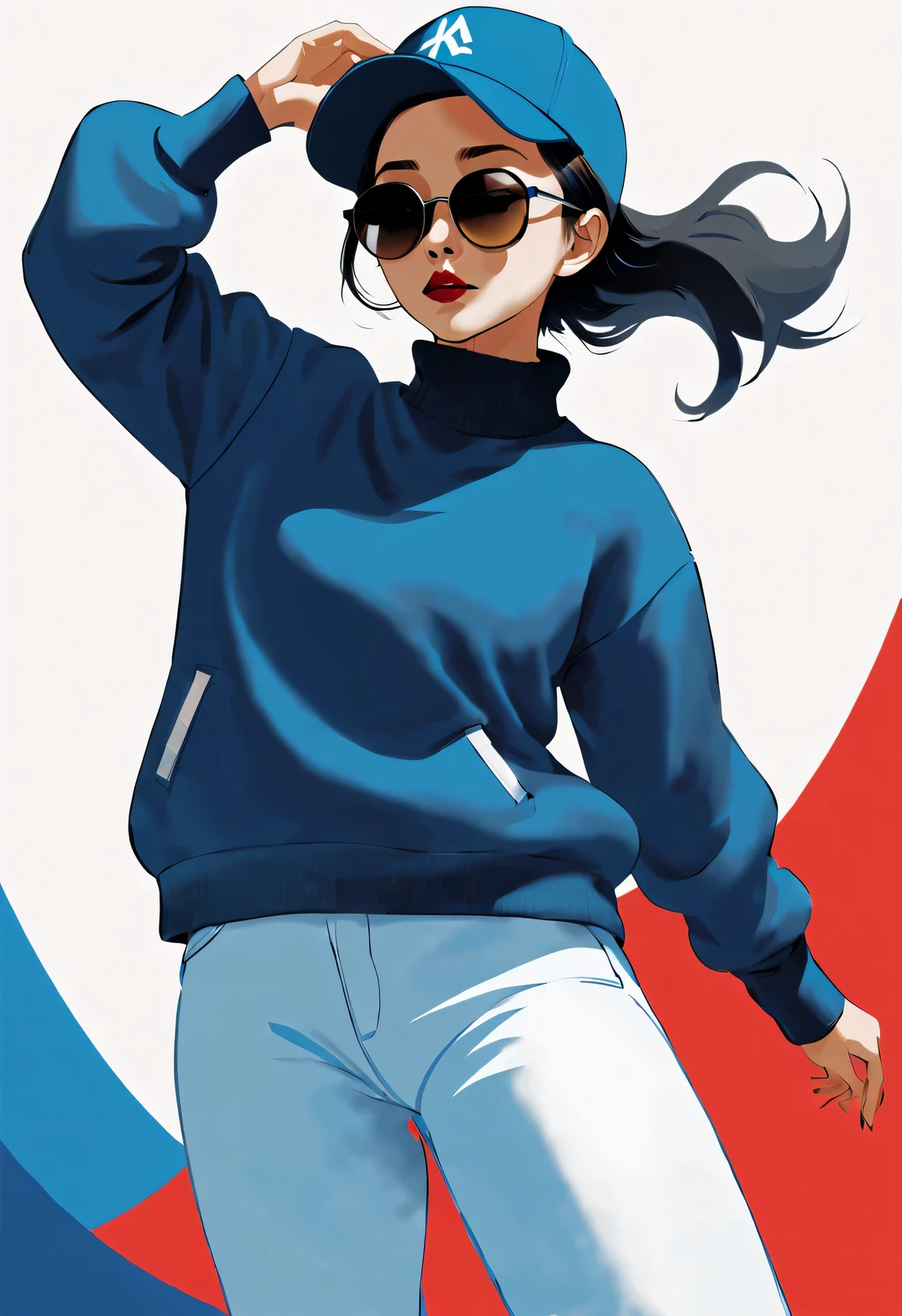 (Modern art dance simple poster design), (Half-length close-up), (Beautiful Chinese girl dancing in the air), (Wearing sunglasses and a hat: 1.2), Mainly cool colors present simple and modern beauty, (An elegant dark blue coat paired with a bright white turtleneck，Exudes a fresh and cold winter atmosphere.)
GUI, (briefcase dance: 0.85), Presenting a classic and fashionable style, Wear modern and stylish winter fashion, Girl fair and flawless smooth skin, high nose bridge, Head up posture, sad yet beautiful, slender figure, Exquisite facial features,
swirling fog illustration, ink painting, black hair, a ball head, Proud, Surrealism, contemporary art photography, action painting illustration, abstract expressionism, Pixar, depth of field, motion blur, backlight, Fall out, decline, Elevation viewing angle, Sony FE General Manager, ultra high definition, masterpiece, Accuracy, textured skin, Super details, high detail, high quality, Award-winning, best quality, Level, 16k, Shot from a bottom-up perspective,