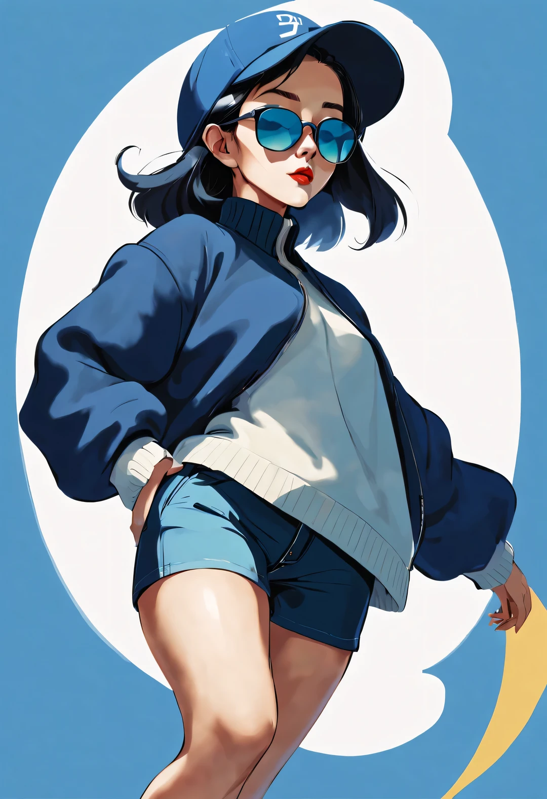 (Modern art dance simple poster design), (Half-length close-up), (Beautiful Chinese girl dancing in the air), (Wearing sunglasses and a hat: 1.2), Mainly cool colors present simple and modern beauty, (An elegant dark blue coat paired with a bright white turtleneck，Exudes a fresh and cold winter atmosphere.)
GUI, (briefcase dance: 0.85), Presenting a classic and fashionable style, Wear modern and stylish winter fashion, Girl fair and flawless smooth skin, high nose bridge, Head up posture, sad yet beautiful, slender figure, Exquisite facial features,
swirling fog illustration, ink painting, black hair, a ball head, Proud, Surrealism, contemporary art photography, action painting illustration, abstract expressionism, Pixar, depth of field, motion blur, backlight, Fall out, decline, Elevation viewing angle, Sony FE General Manager, ultra high definition, masterpiece, Accuracy, textured skin, Super details, high detail, high quality, Award-winning, best quality, Level, 16k, Shot from a bottom-up perspective,