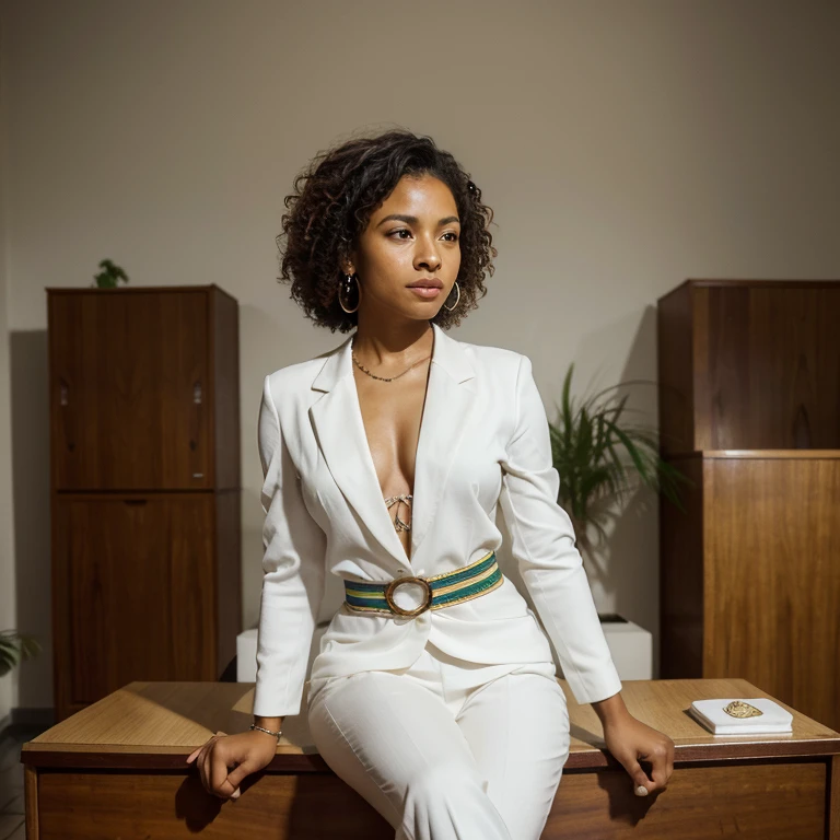 A Brazilian mulatto is a person with rich ethnic heritage, often exhibiting a combination of African and European ancestry, with a range of skin tones and a vibrant culture that celebrates Brazil&#39;s racial and ethnic diversity, dressed in a white suit. tailleur blanche.  sitting behind a desk like a president and her hands are clasped.