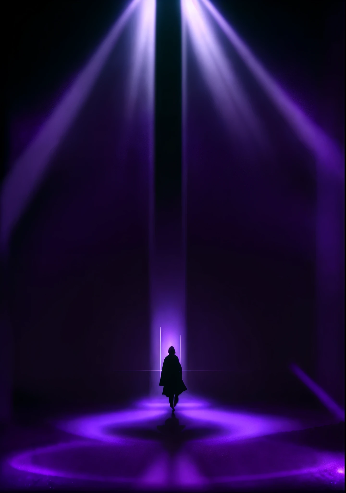 purple light shining through a dark area with a person walking in the middle, purple aura, portal to the ethereal realm, purple light, opening a shining portal
