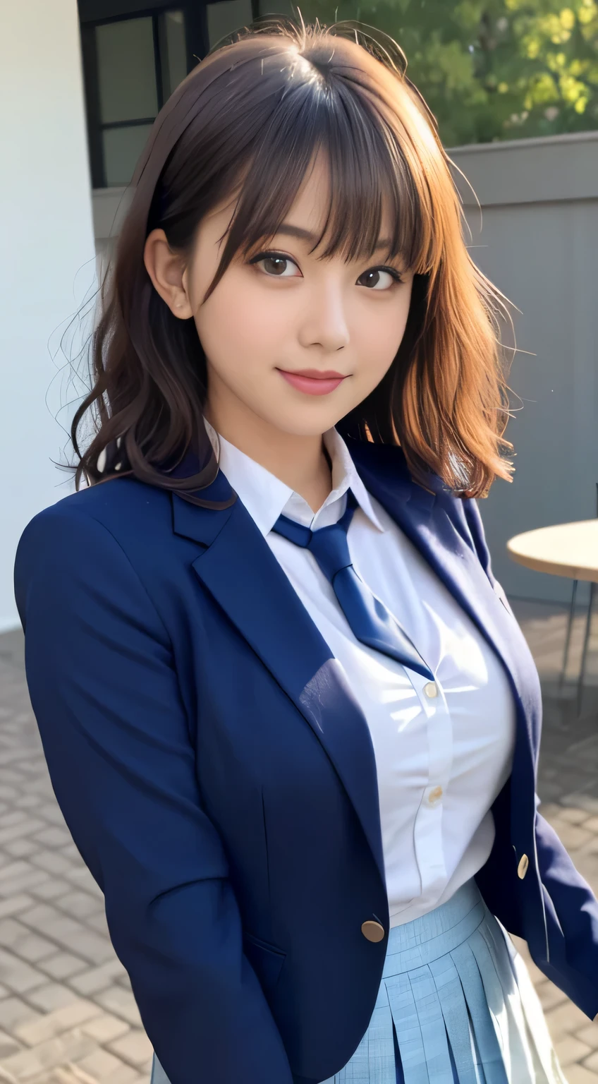 8K, highest quality, real image, intricate details, Super detailed, ultra high resolution, depth field,(realistic,realistic:1.2),table top , frontal shot , From the middle , 1 girl, eye_Chan, very beautiful  girl, innocent big eyes,、beautiful breasts:1.5、非常に詳細なeye:1.2)、(beautiful breasts:1.1)、wavy hair、curly hair、bangs、, perfect skin, Fair skin, huge breasts, put your hand on your chest、tight waist, light blush, alone, looking at the viewer, light smile, ((School_uniform),(dark blue blazer), (white shirt、Wearing a tie), (gray pleated skirt), (sculpture installation :1.1)