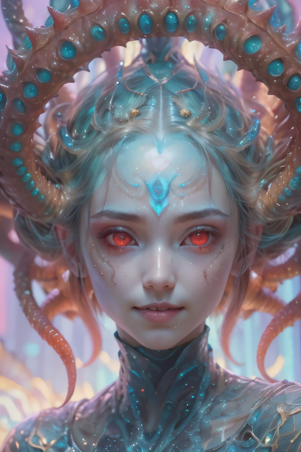 metamorphosis, scary and sexy detailed art in color, Portrait, (beautiful and obscene female alien:1.4), (vulgarity1.5), (she has red eyes with no pupils:1.8), (Translucent skin:1.7), (There is a female genital-like organ in the middle of the forehead:1.9), (The most beautiful face in the history of the universe:1.2),an evil gaze that seduces, (large mouth:1.1), (sharp teeth like a vampire:1.2), Full body portrait, (bio luminescent:1.5), (Smile wickedly:1.3), (sexypose:1.5), alien, No humans, cells are fused, (Lots of translucent tentacles:1.3) extraterrestrial, cell, bio image, best quality, 8K,In 4K_quality, High freshness, Dramatic Lighting, masutepiece:1.5,cinematic quality, detail up, (exquisite details:1.2), high resolution, High freshness, drawing faithfully, (Thick eyebrows:1.2), Beautiful eyes with fine symmetry,(Highly detailed face and eyes:1.2), Intimate face, (Super detailed skin quality feeling:1.4), perfect anatomy, (Beautiful toned body:1.5), (Moist skin:1.2), not wearing makeup, (dark circles:1.1), long canines, cinematic drawing of characters, ultra high quality model, cinematic quality, detail up, (exquisite details:1.2), high resolution, High freshness, drawing faithfully, official art, Unity 8K Wall , 8K Portrait, best quality, Very high resolution, ultra detailed artistic photography, midnight aura, unreal engine 5, Ultra Sharp Focus, art by Amano Yoshitaka, ArtGerm, Roisch, intricate artwork, best quality, masterpiece, ultra high resolution, (photos realistic:1.5), ultra realistic realism, dream-like, nautilus, Creation of fantasy, Snail, Dream Snail, (biopunk nautilus:1.3),Thrilling color schemes, ultra realistic realism, seductively smiling, Blue tentacles, intricated detaild tentacles,