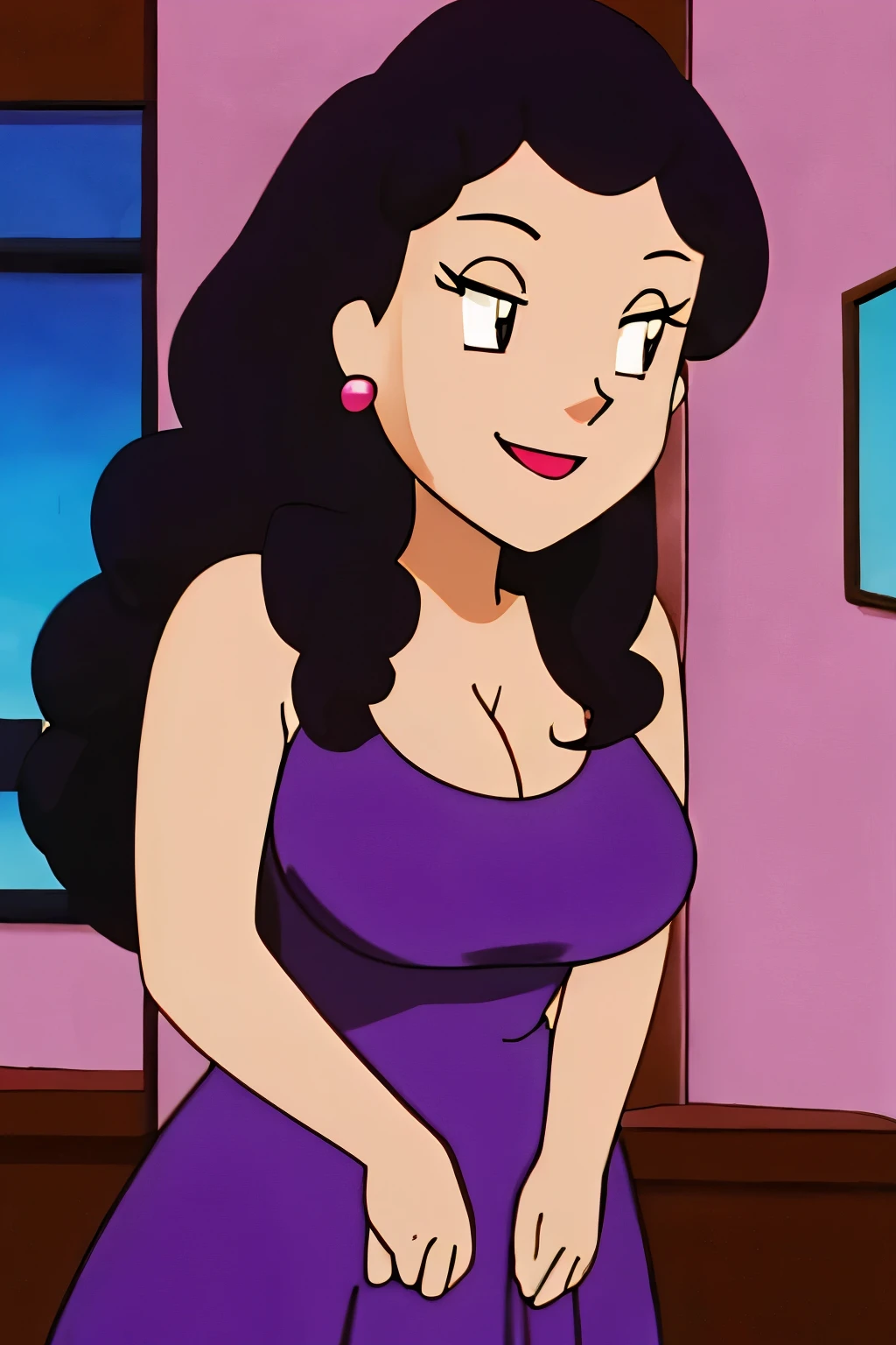 pokemonstyle, 1girl, solo, upperbody,bonnie,black hair,black eyes,lipstick, long curly hair, small round earrings,purple dress,cleavage,huge breasts, smile, standing,upper body(insanely detailed, beautiful detailed face, masterpiece,best quality),
