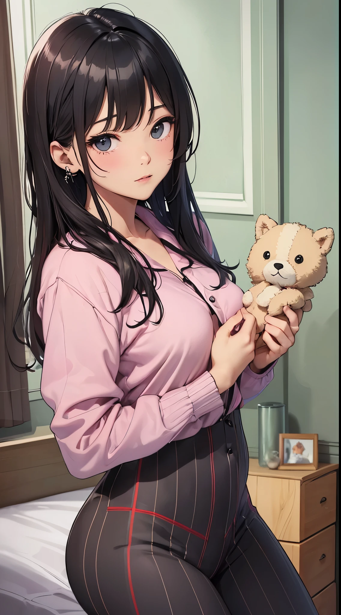 top quality、Top image quality、​Masterpiece、teenage girl((black pajamas、18 years old、 Ajer、best bust、big bast,black eyes, black hair、A slender one,Great Valley、Neat and tidy、床beddingの上)),high quality、beautiful art、background with((The room is nice and clean.、bedding、cute chest of drawers、animal stuffed toys、Pink walls、DVR、Aroma diffuser))​Masterpiece、depth of field,style