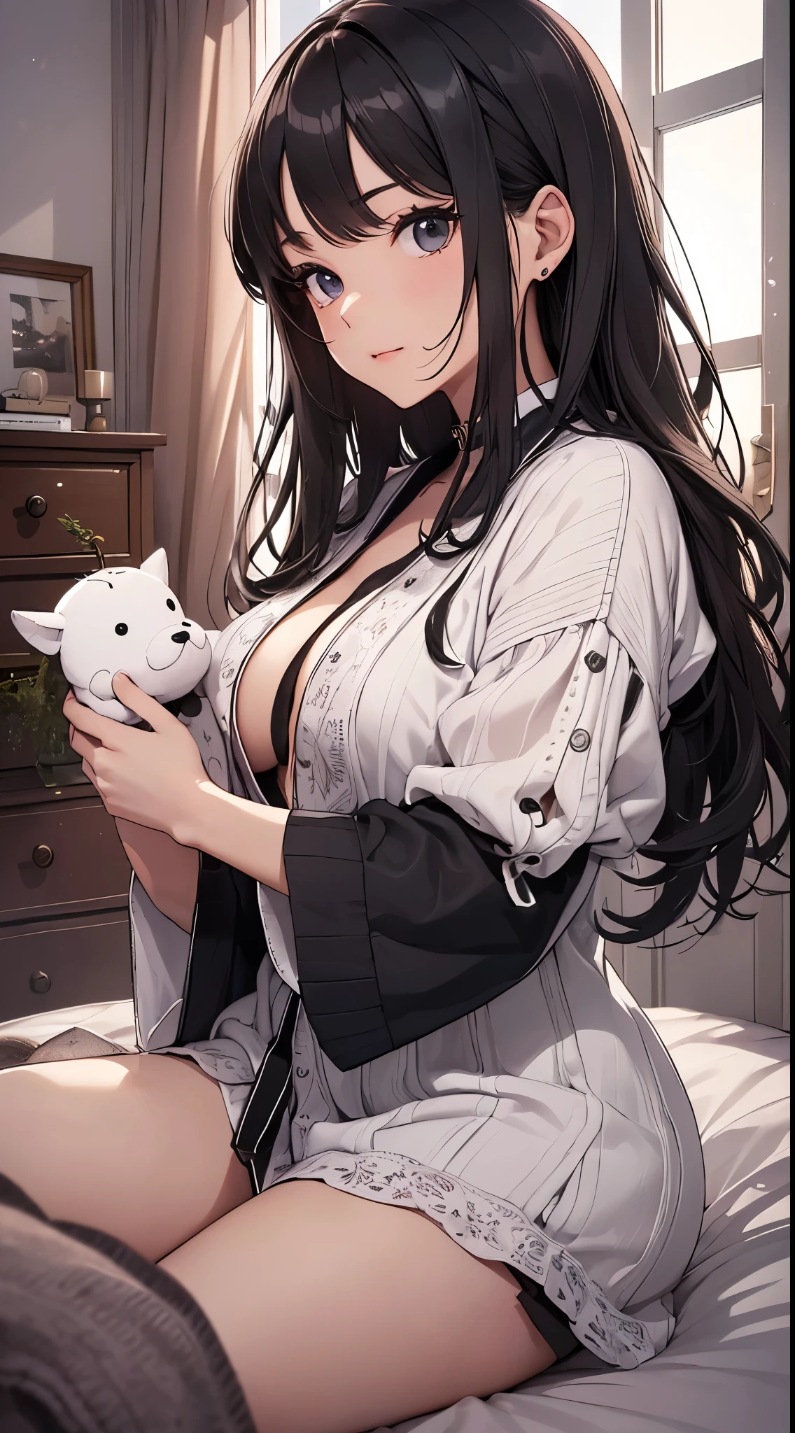 top quality、Top image quality、​Masterpiece、age girl((black pajamas、18 years old、 Ajer、best bust、big bast,black eyes, black hair、A slender one,Great Valley、Neat and tidy、床beddingの上)),high quality、beautiful art、background with((The room is nice and clean.、bedding、cute chest of drawers、animal stuffed toys、Pink walls、DVR、Aroma diffuser))​Masterpiece、depth of field,style