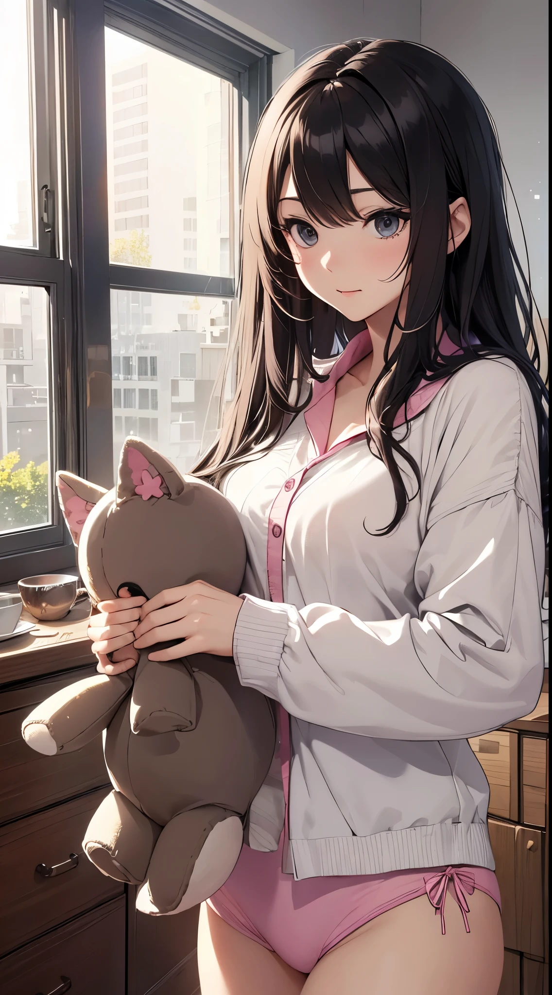 1 stunningly beautiful college girl, smiling, blushing, short black hair, bob cut, wearing a Japanese school uniform, red eyes, 1, ((short black skirt)), toned legs, red bow, ((light gray closed vest)), cradling a ((fluffy black teddy bear)) sitting, in store,