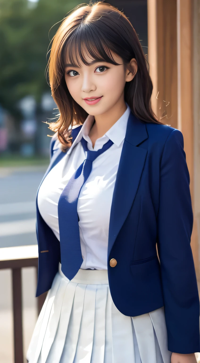 8K, highest quality, real image, intricate details, Super detailed, ultra high resolution, depth field,(realistic,realistic:1.2),table top , frontal shot , From the middle , 1 girl, eye_Chan, very beautiful 17 year old girl, innocent big eyes,、beautiful breasts:1.5、非常に詳細なeye:1.2)、(beautiful breasts:1.1)、wavy hair、curly hair、bangs、, perfect skin, Fair skin, huge breasts, put your hand on your chest、tight waist, light blush, alone, looking at the viewer, light smile, ((School_uniform),(dark blue blazer), (white shirt、Wearing a tie), (gray pleated skirt), (sculpture installation :1.1)