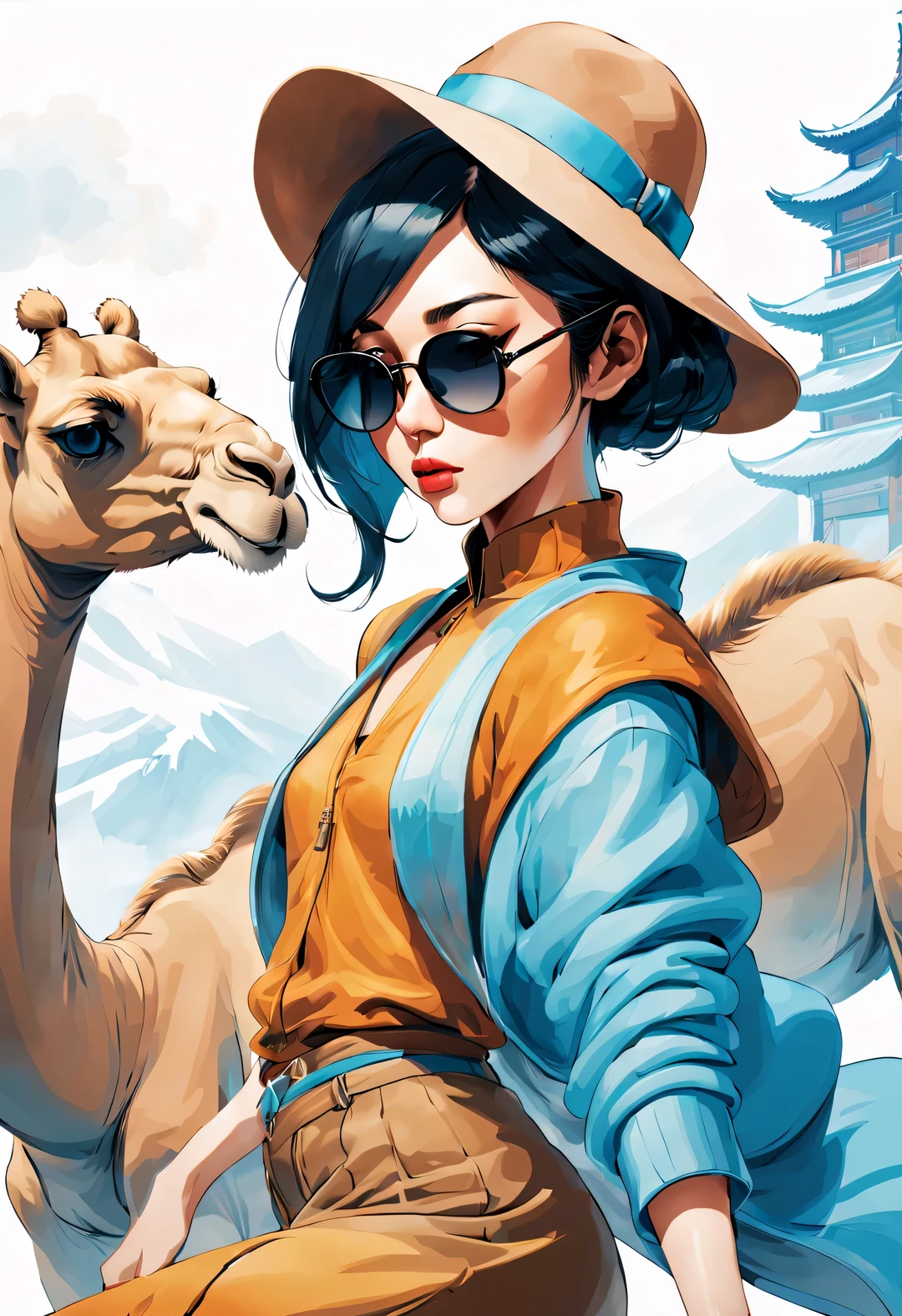 (Modern art dance simple poster design), (Half-length close-up), (Beautiful Chinese girl dancing in the air), (Wearing sunglasses and a hat: 1.2), (Clever use of warm camel and soft ice blue), With rich wool texture and fur elements, Create a warm, timely winter-inspired look, (briefcase dance: 0.85), Wear modern and stylish winter fashion, thin waist, high nose bridge, Head up posture, sad yet beautiful, slender figure, Exquisite facial features, correct finger,
swirling fog illustration, ink painting, black hair, Princess curly long hair, Proud, Surrealism, contemporary art photography, action painting illustration, abstract expressionism, Pixar, depth of field, motion blur, backlight, Fall out, decline, Elevation viewing angle, Sony FE General Manager, ultra high definition, masterpiece, Accuracy, textured skin, Super details, high detail, high quality, Award-winning, best quality, Level, 16k, Shot from a bottom-up perspective,