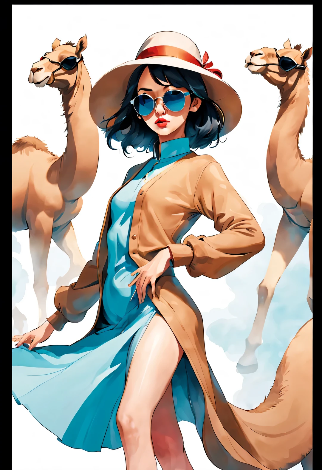 (Modern art dance simple poster design), (Half-length close-up), (Beautiful Chinese girl dancing in the air), (Wearing sunglasses and a hat: 1.2), (Clever use of warm camel and soft ice blue), With rich wool texture and fur elements, Create a warm, timely winter-inspired look, (briefcase dance: 0.85), Wear modern and stylish winter fashion, thin waist, high nose bridge, Head up posture, sad yet beautiful, slender figure, Exquisite facial features, correct finger,
swirling fog illustration, ink painting, black hair, Princess curly long hair, Proud, Surrealism, contemporary art photography, action painting illustration, abstract expressionism, Pixar, depth of field, motion blur, backlight, Fall out, decline, Elevation viewing angle, Sony FE General Manager, ultra high definition, masterpiece, Accuracy, textured skin, Super details, high detail, high quality, Award-winning, best quality, Level, 16k, Shot from a bottom-up perspective,