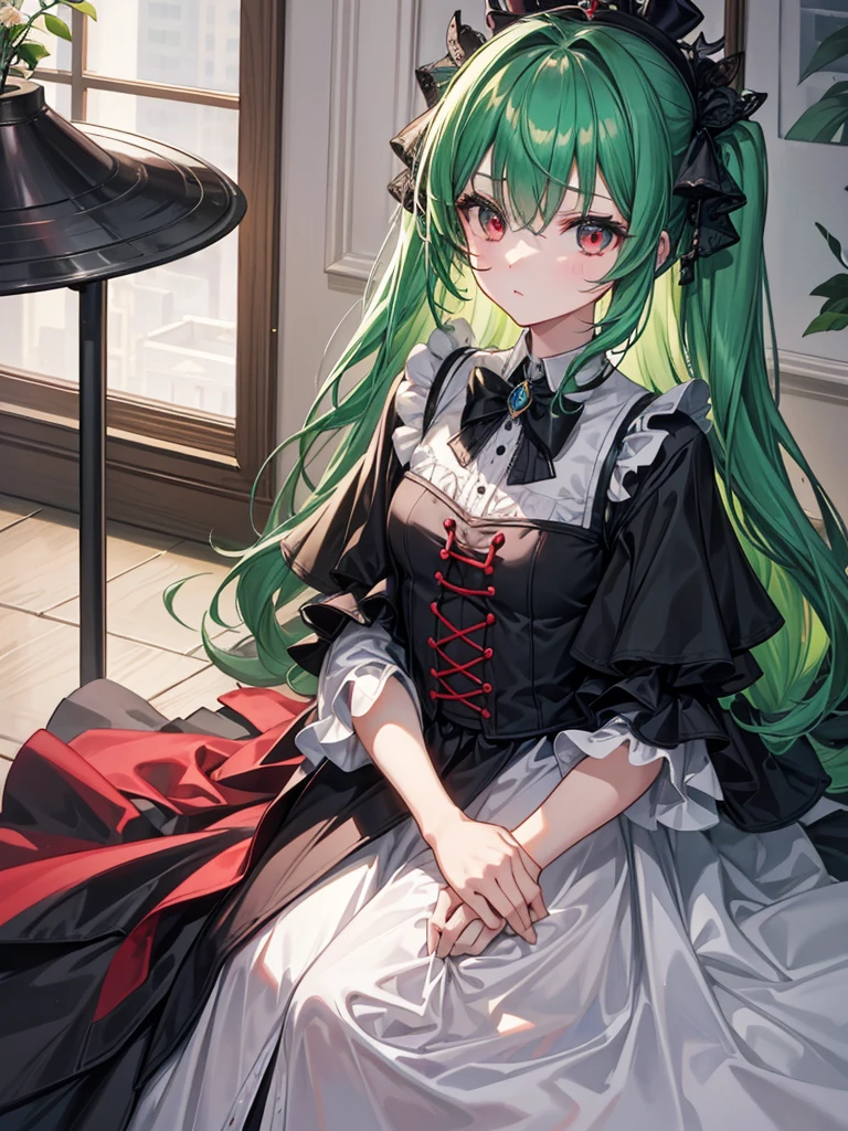 （（（masterpiece、Highest image quality、highest quality、highly detailed unity 8ｋwallpaper）））、（（Illustration of one girl））、（（（beautiful girl）））、（Emerald green hair、sidelocks：1.2、red eyes）、（（（Black top hat、tuxedo）））、monocle、kubrick stare