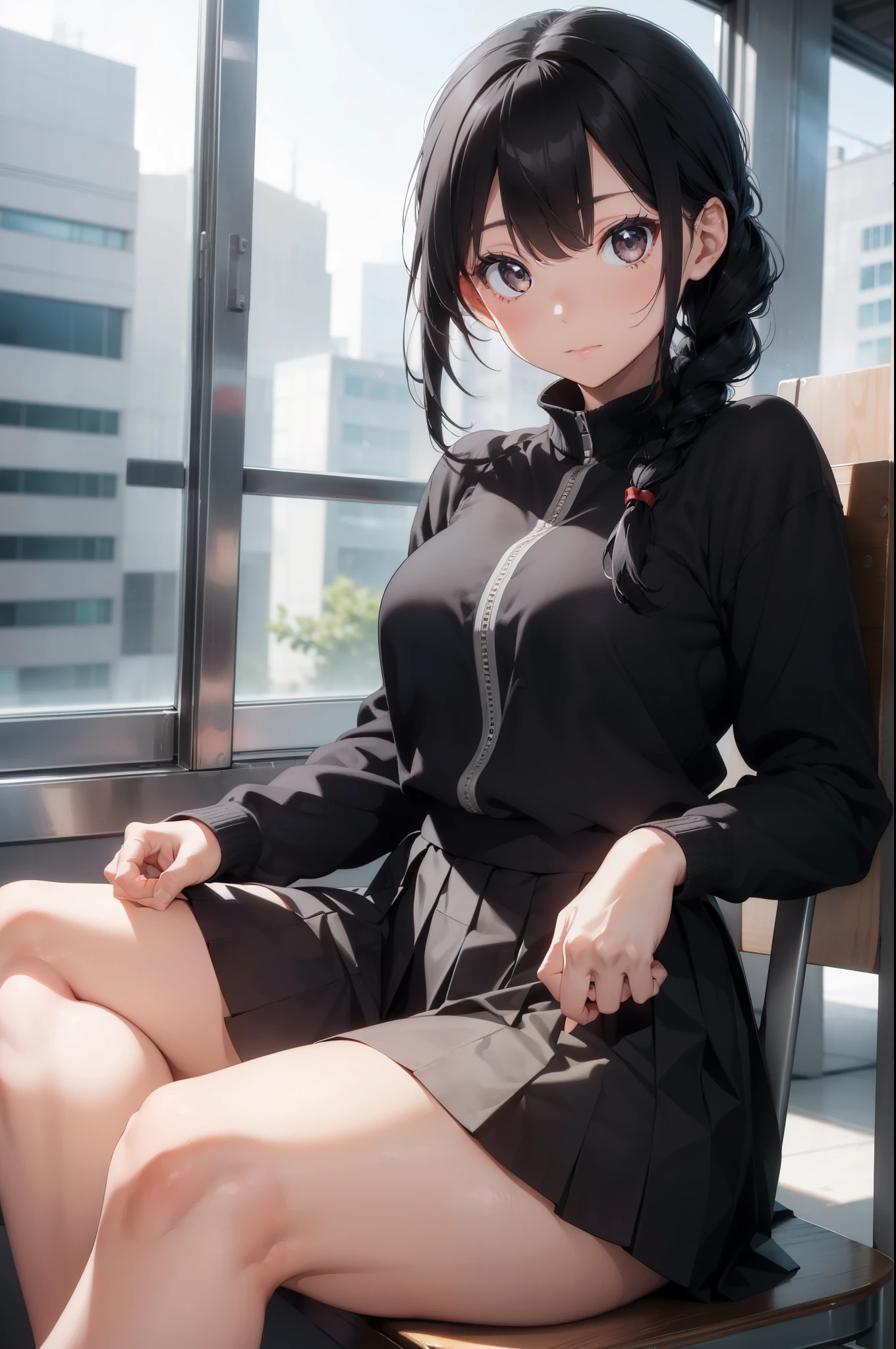 1 lady, black hair, gray eyes, braid,  ((sit cross-legged，posing listlessly)), (( skirt)),