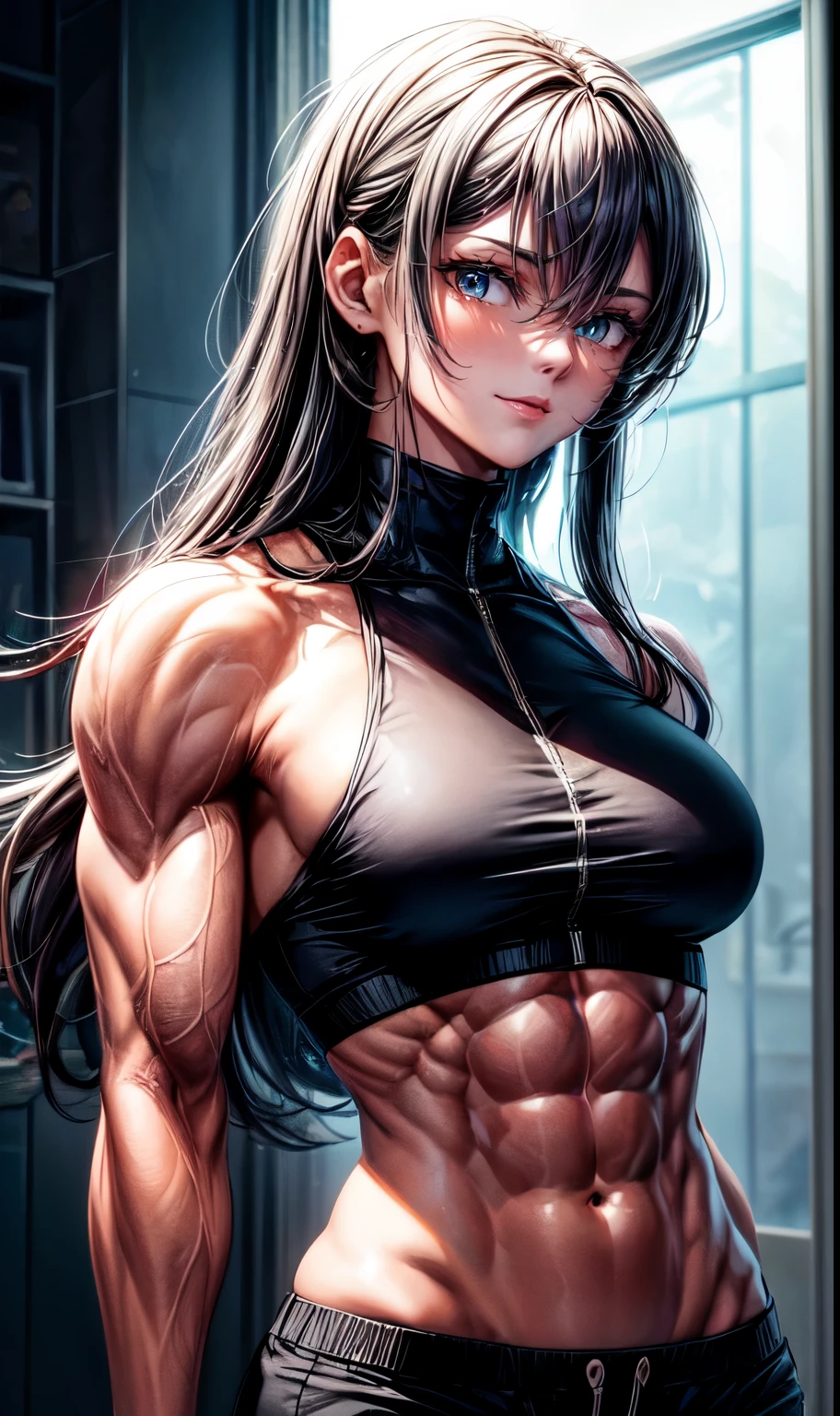 (best lighting) , (Extremely complex and detailed) , 4K unified, (Super detailed CG: 1.2) , (8k: 1.2),(original), (masterpiece) , (best quality),(masterpiece:1.4),Anime-like high quality,(masterpiece),masterpiece, Super clear picture quality,Bili's face is clearer)best quality, Ridiculous Easter Peace, 4K, 8k, Yes, high resolution))1个girl, female student,Smile,girl脸上灿烂的笑容,Ten pack abs in shorts,clear abdominal muscles,Abdominal veins are carved into the abdominal muscles,Strong abdominal muscles Exaggerated abdominal muscles,Thick and firm abdominal muscles,Absolutely unparalleled abs,Abdominal muscles are very toned,Deep groove between abs bodybuilder:1.5)),Inside the house,(beautiful bass),(girl),(miss),(((Upper body:1)))There are deep grooves between abdominal muscles,Thickness performance,indestructible muscles,Abdominal muscles have strong contrast between light and dark,Abdominal bulge,You can see the drawing state of the muscles,Perfect muscle effects have been achieved,Very thick abdominal muscles,There are ravines between the abdominal muscles,cover each other,From the side, it looks like bulging hills.,Imagine abs that are harder than diamonds,The texture of abdominal muscles that have been soaked in the rain,delicate skin,Abdominal muscles show perfect drawing,Absolutely zero abdominal fat,Muscle density is very high,Shadows reflected between muscles and muscle mass
