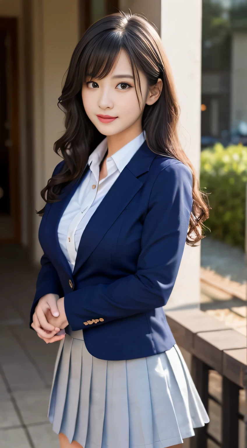 8K, highest quality, real image, intricate details, Super detailed, ultra high resolution, depth field,(realistic,realistic:1.2),table top , frontal shot , From the middle , 1 girl, eye_Chan, very beautiful 17 year old girl, innocent big eyes,、beautiful breasts:1.5、非常に詳細なeye:1.2)、(beautiful breasts:1.1)、wavy hair、curly hair、bangs、, perfect skin, Fair skin, huge breasts, hands-on、cleavage, tight waist, light blush, alone, looking at the viewer, light smile, ((School_uniform),(dark blue blazer), (white shirt、Wearing a tie), (gray pleated skirt), (sculpture installation :1.1)